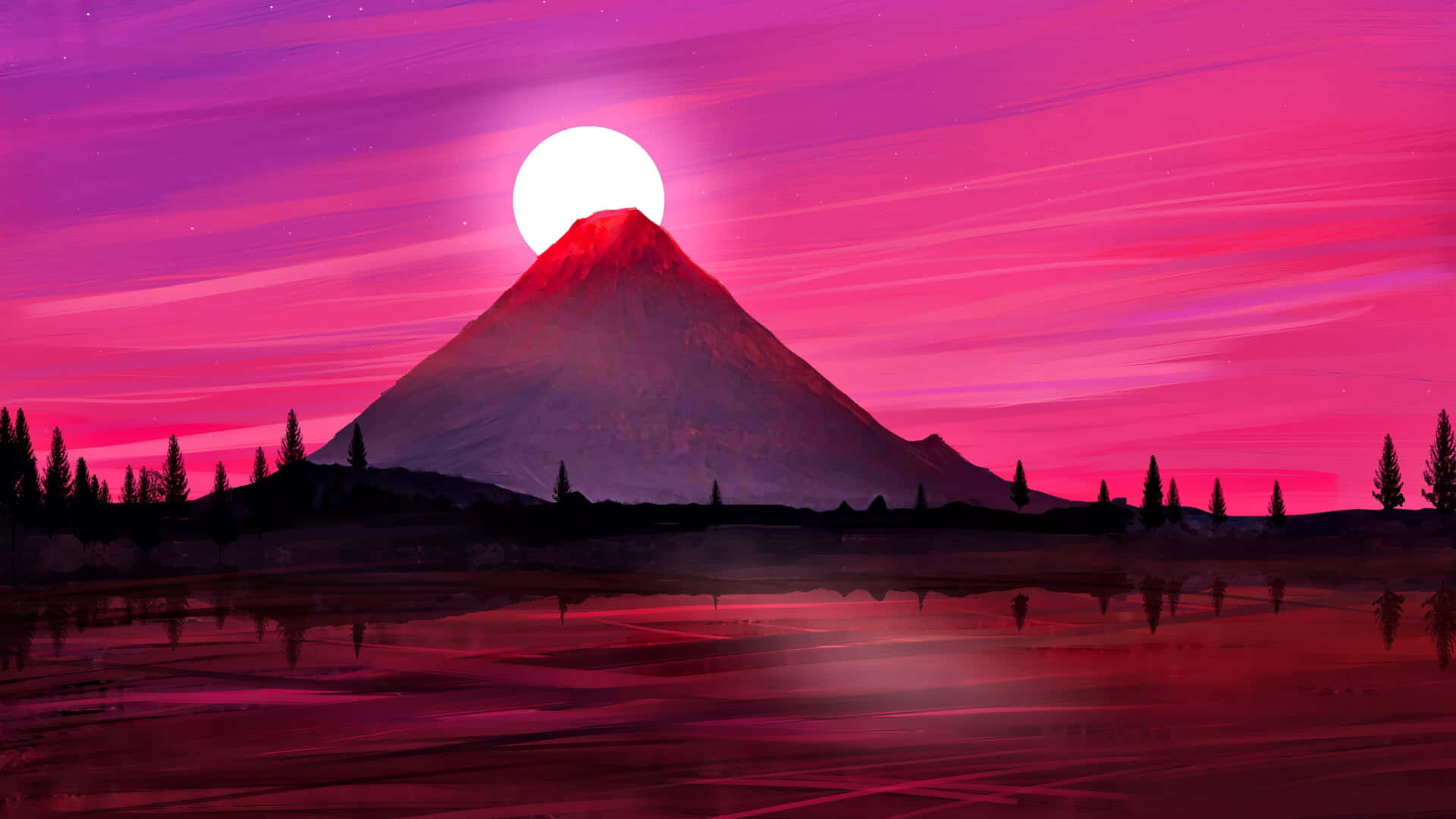 在粉紅色和紫色天空下，一座山峰和耀眼的太陽倒映在水中。
