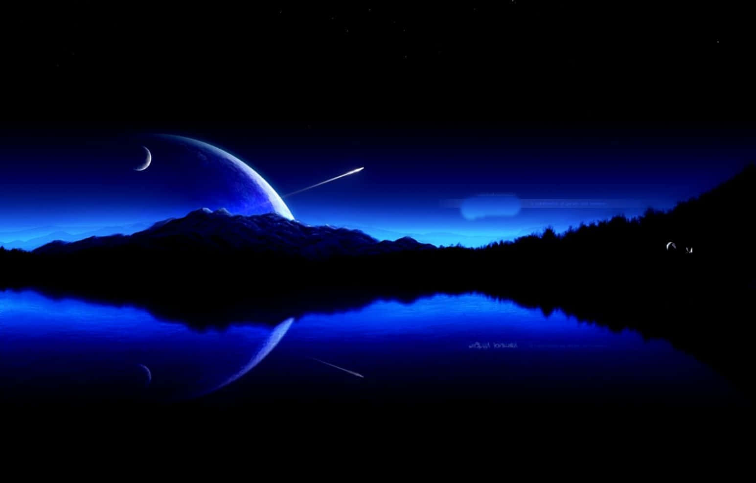Universe 桌布 壁紙 — 寧靜嘅夜晚外星風景，發光嘅藍色行星同新月倒映喺平靜嘅湖面。