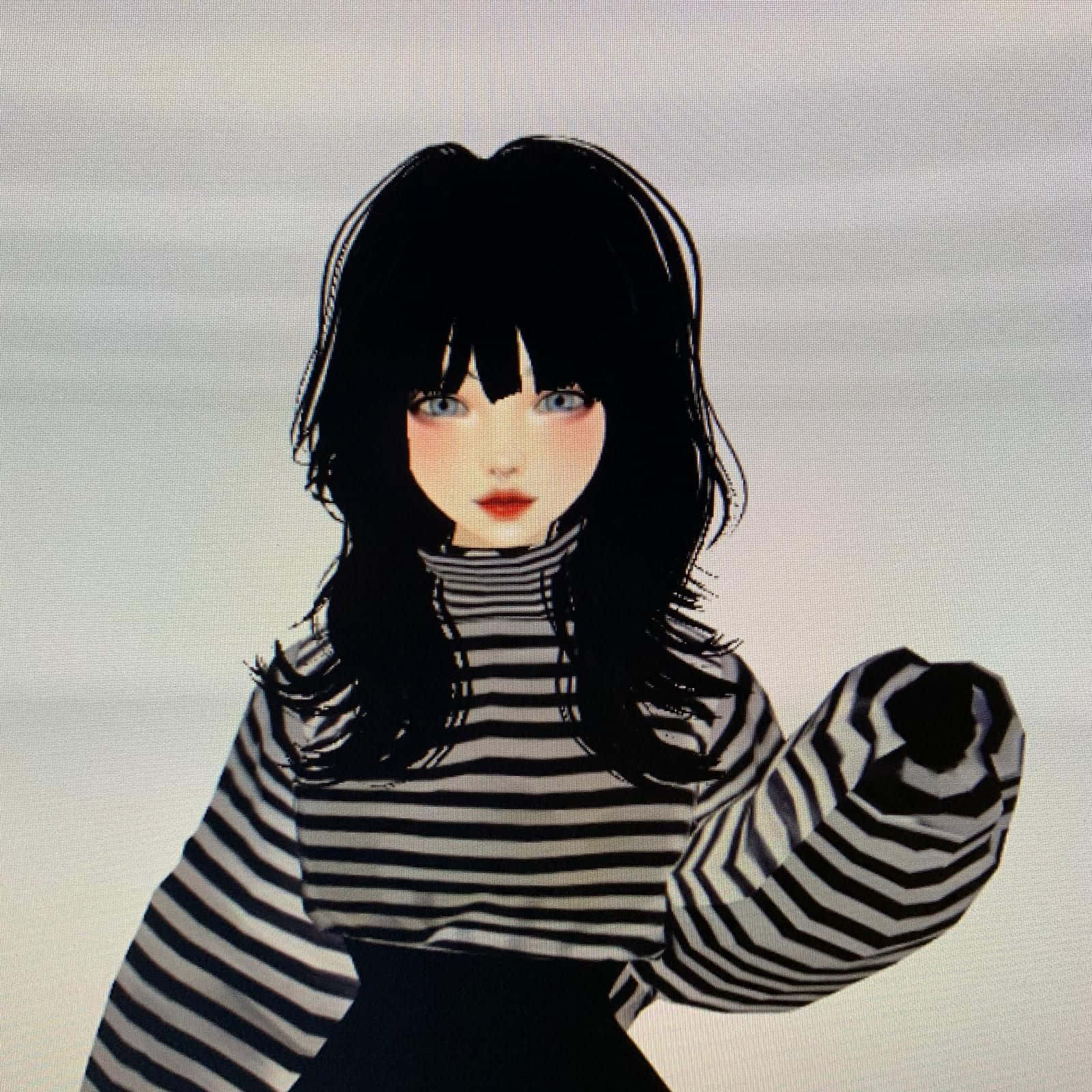 黑髮藍眼的動漫女孩，穿著黑白條紋高領毛衣。