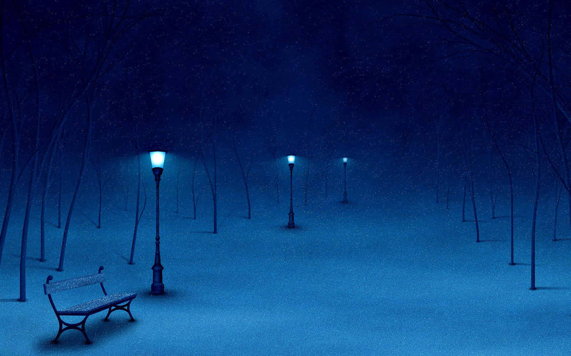 寧靜夜空 壁紙 — 一張孤獨的長椅在夜晚的雪覆蓋公園中，位於發光的街燈下，雪花飄落，樹木光禿。