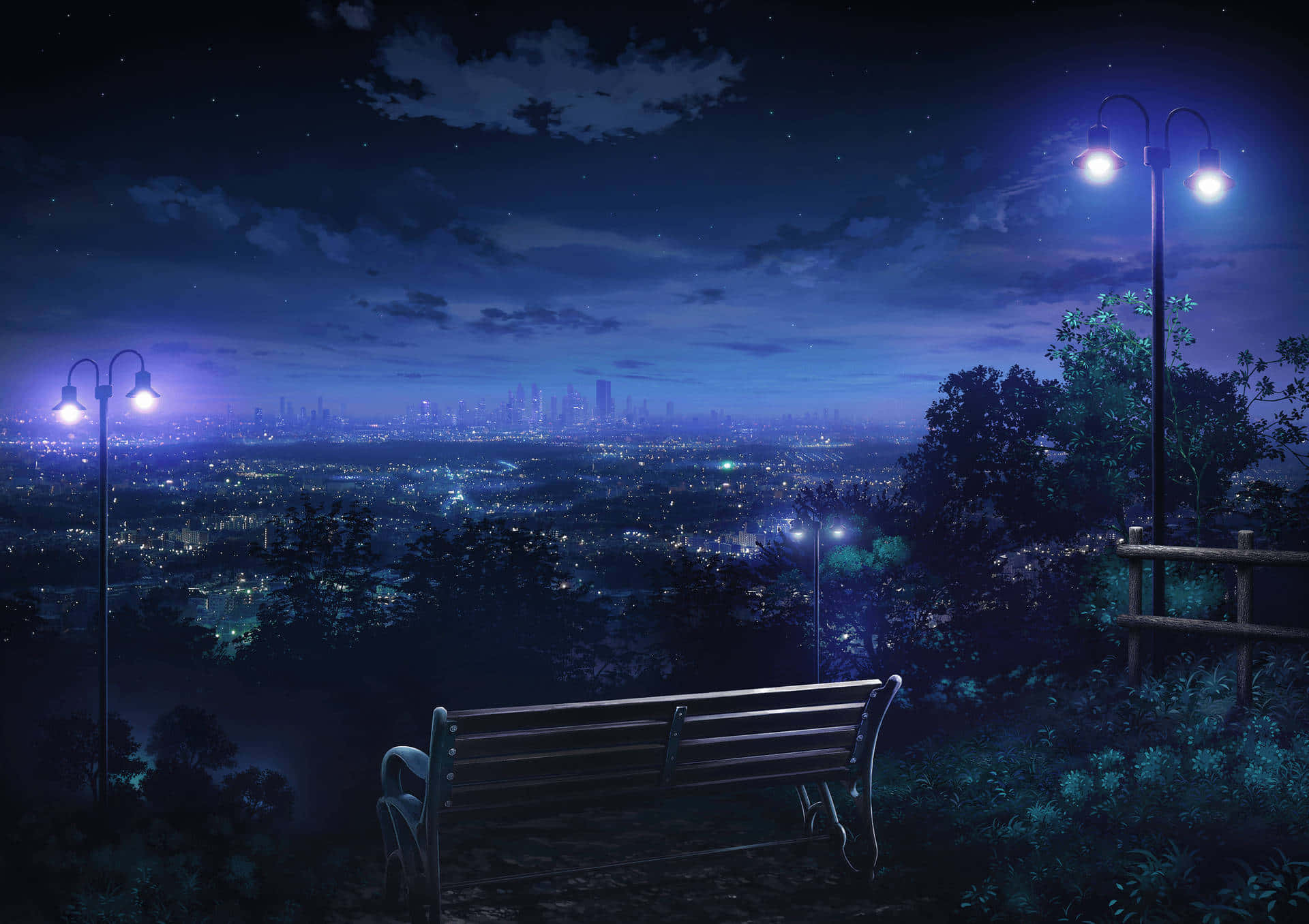 寧靜夜間俯瞰景觀 壁紙 — 一張孤獨的木製長椅俯瞰著在街燈照亮下、星空閃爍的廣闊城市景觀。