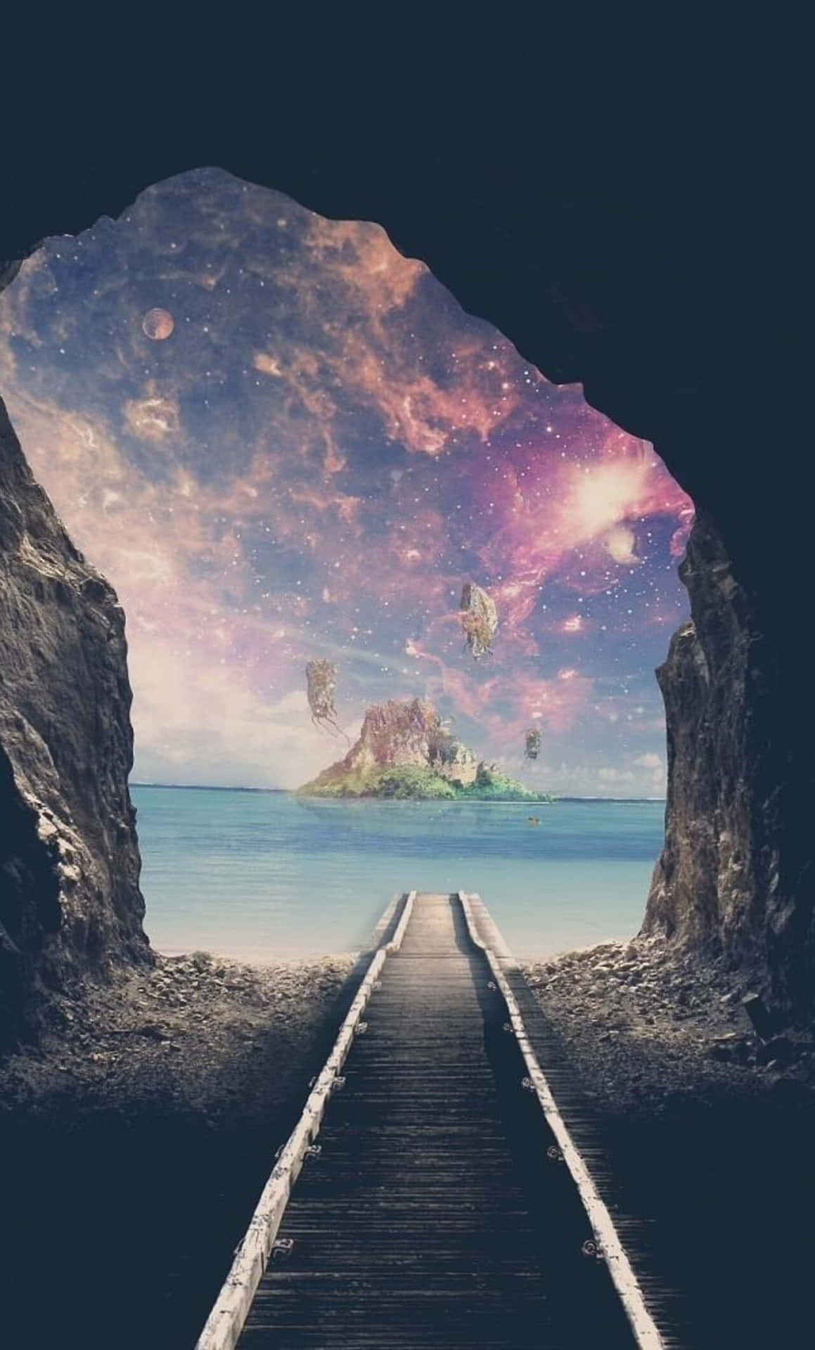 木製碼頭通往一個有浮島和星空的宇宙海洋。