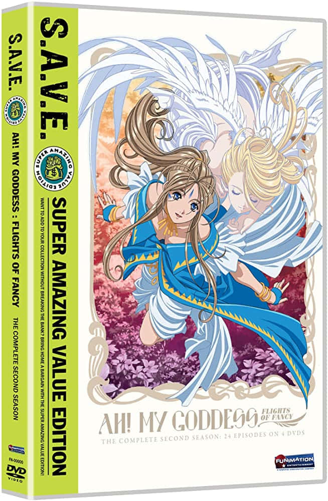 「寧靜女神：《我的女神》藝術作品」 壁紙 — 兩位擁有巨大白色翅膀的動漫女神，在溫暖的天空下優雅地翱翔於紫色花田之上。
