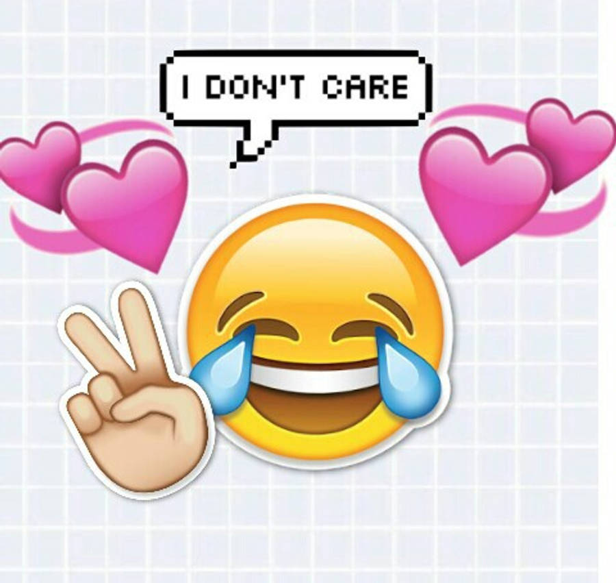 寧靜孤獨，不被世界打擾 壁紙 — 一個笑到流淚嘅 emoji 做緊和平手勢，周圍有粉紅色心心同一個對話氣泡寫住「我唔在乎」。
