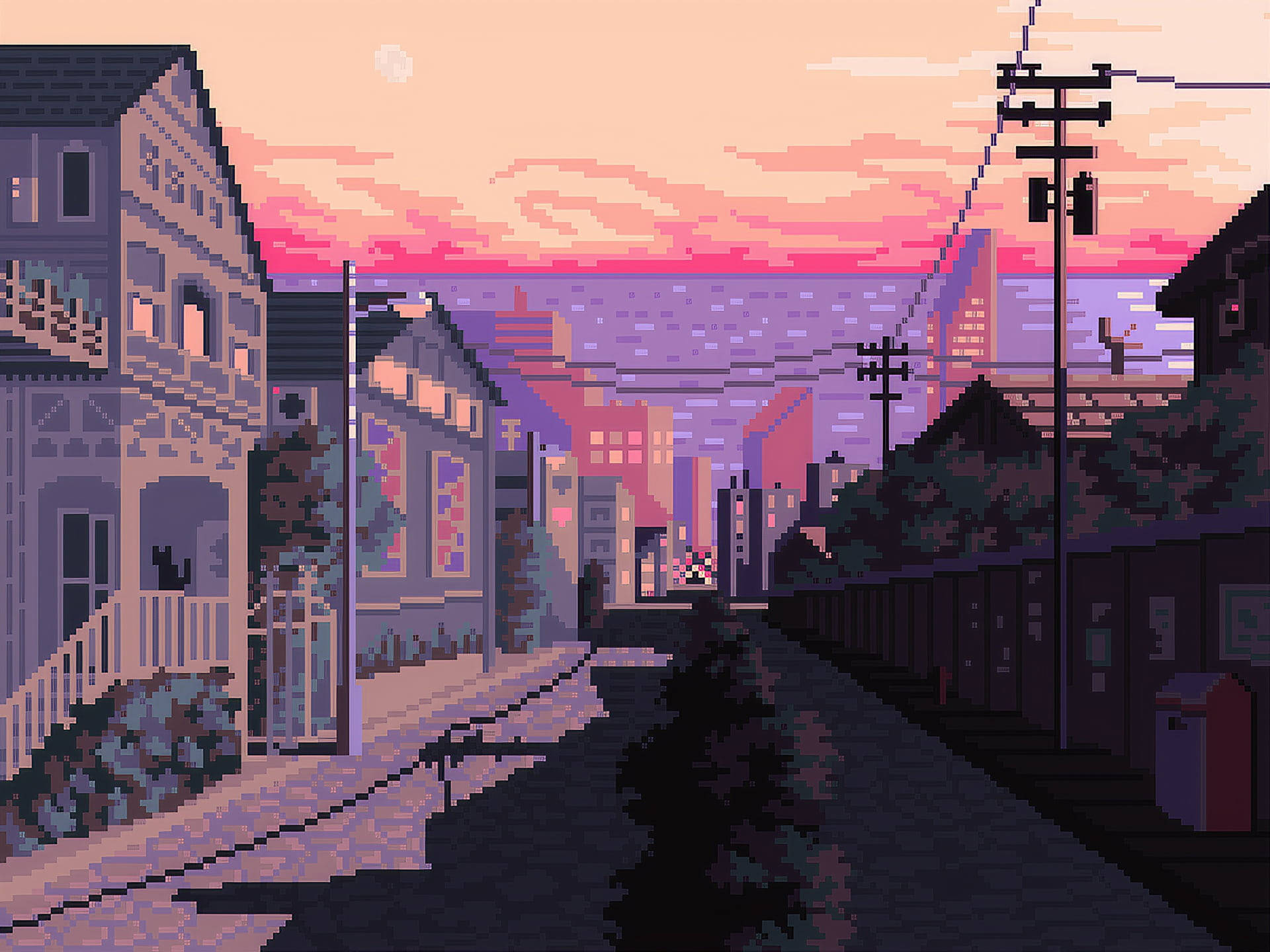 像素化街道，維多利亞式房屋，日落，粉紫色天空