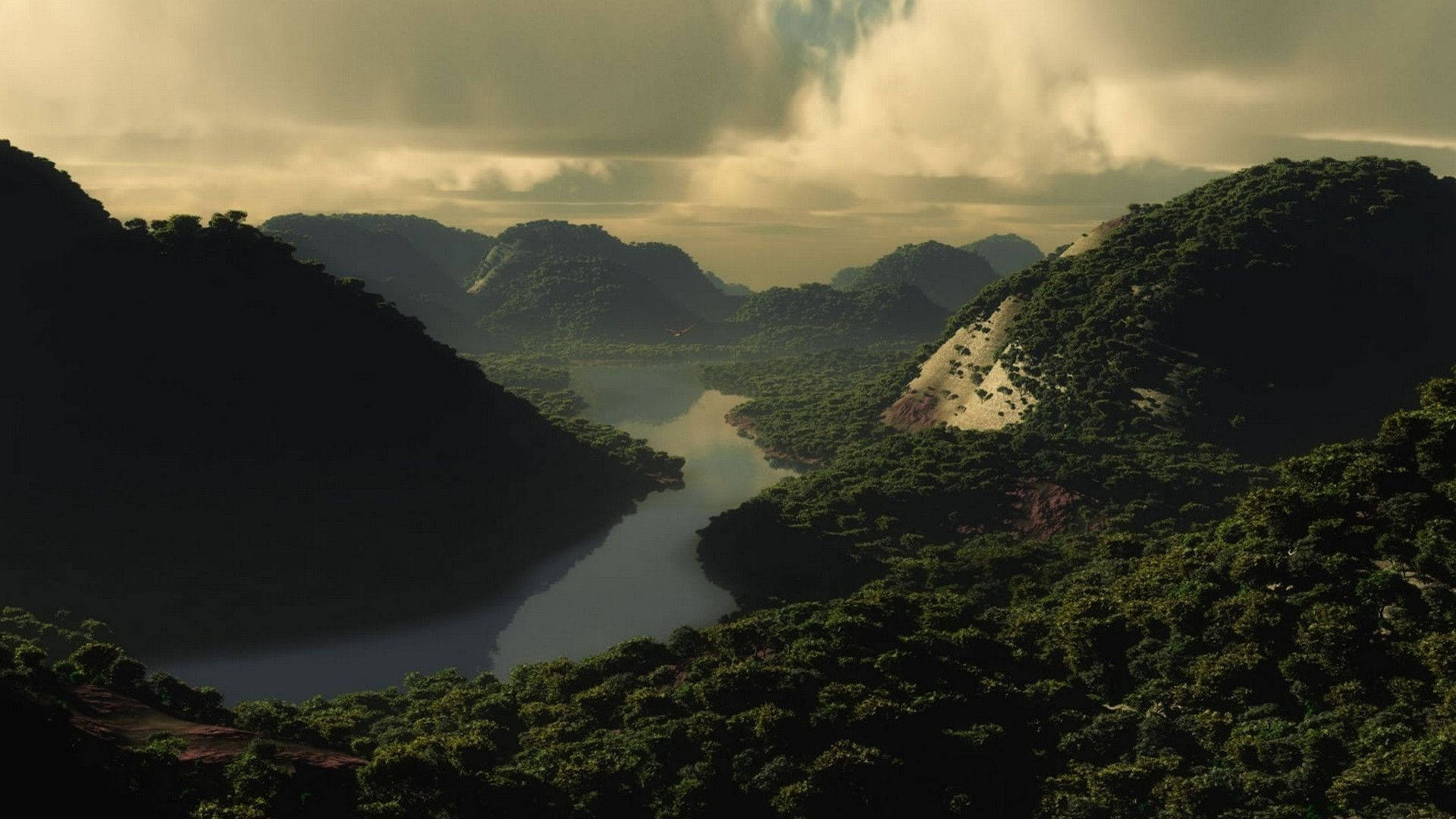寧靜山間風景 壁紙 — 一條蜿蜒的河流穿過鬱鬱蔥蔥的綠色山脈，天空戲劇性地多雲，金色光芒穿透雲層。