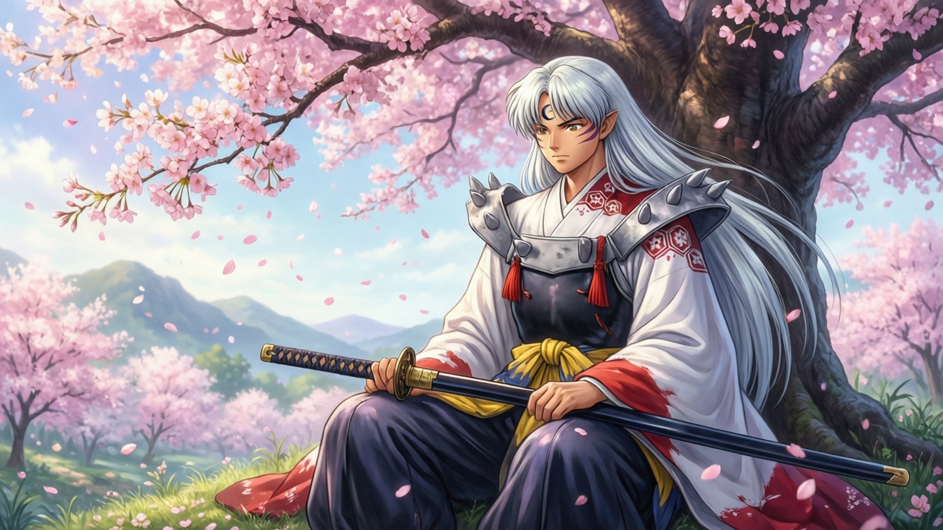 銀發動漫武士坐在櫻花樹下持刀。
