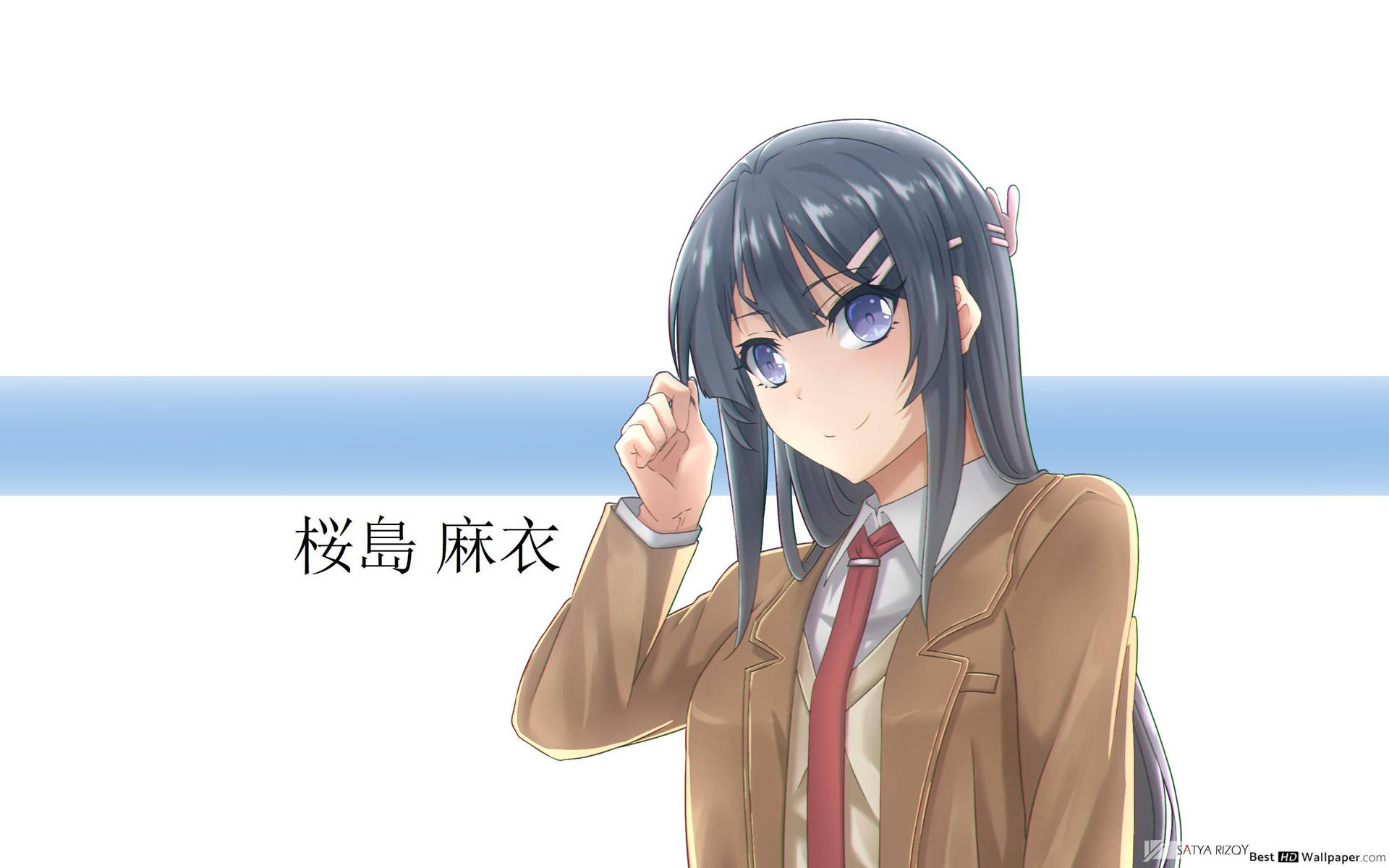 穿著校服的動漫女孩微笑著整理頭髮。