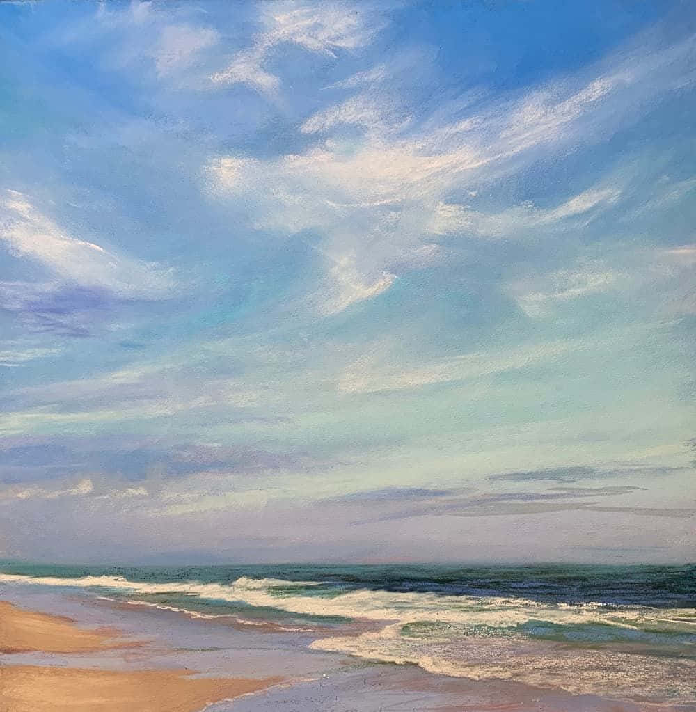 寧靜柔色抽象畫 壁紙 — 寧靜的海洋沙灘場景，溫柔的海浪拍打著金色沙灘，廣闊的天空點綴著柔和的藍色和白色雲朵。