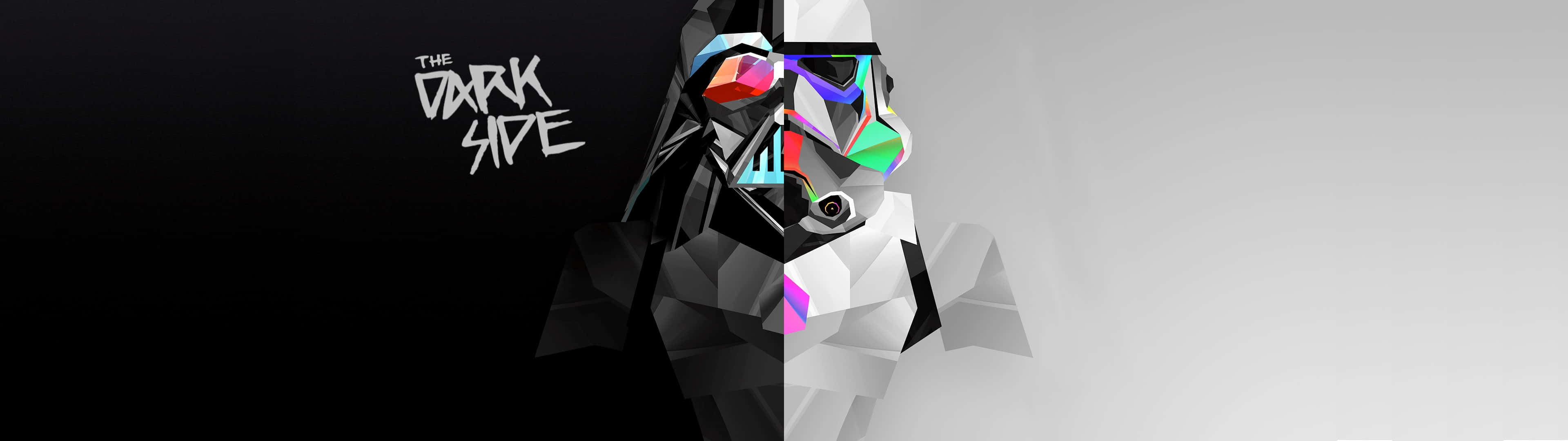 黑武士一半黑色一半彩色幾何碎片，帶有文字 The Dark Side