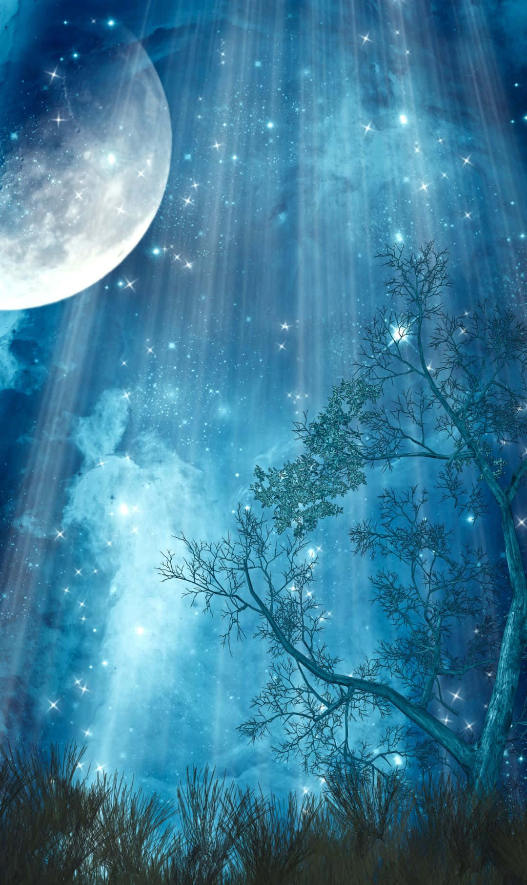 在星空下，一棵光禿禿的樹，有發光的月亮和光束。