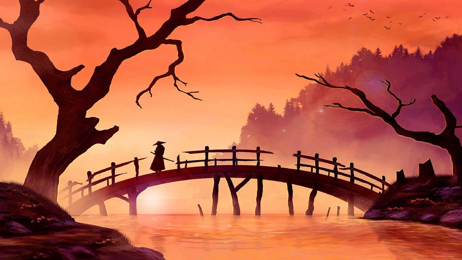 寧靜武士庭園 壁紙 — 一位孤獨的武士在日落時分走過木橋，背景是光禿禿的樹木和發光的橙色天空。