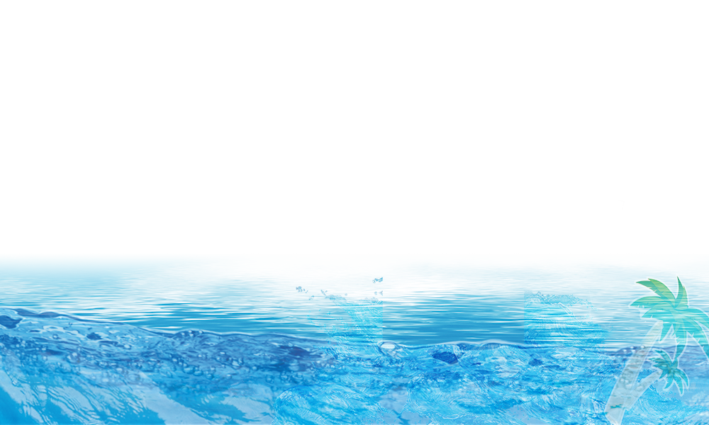 寧靜水下場景 壁紙 — 一個風格化的熱帶海洋場景，帶有藍綠色波浪和棕櫚樹剪影，背景為白色，帶有抽象藍色條紋。