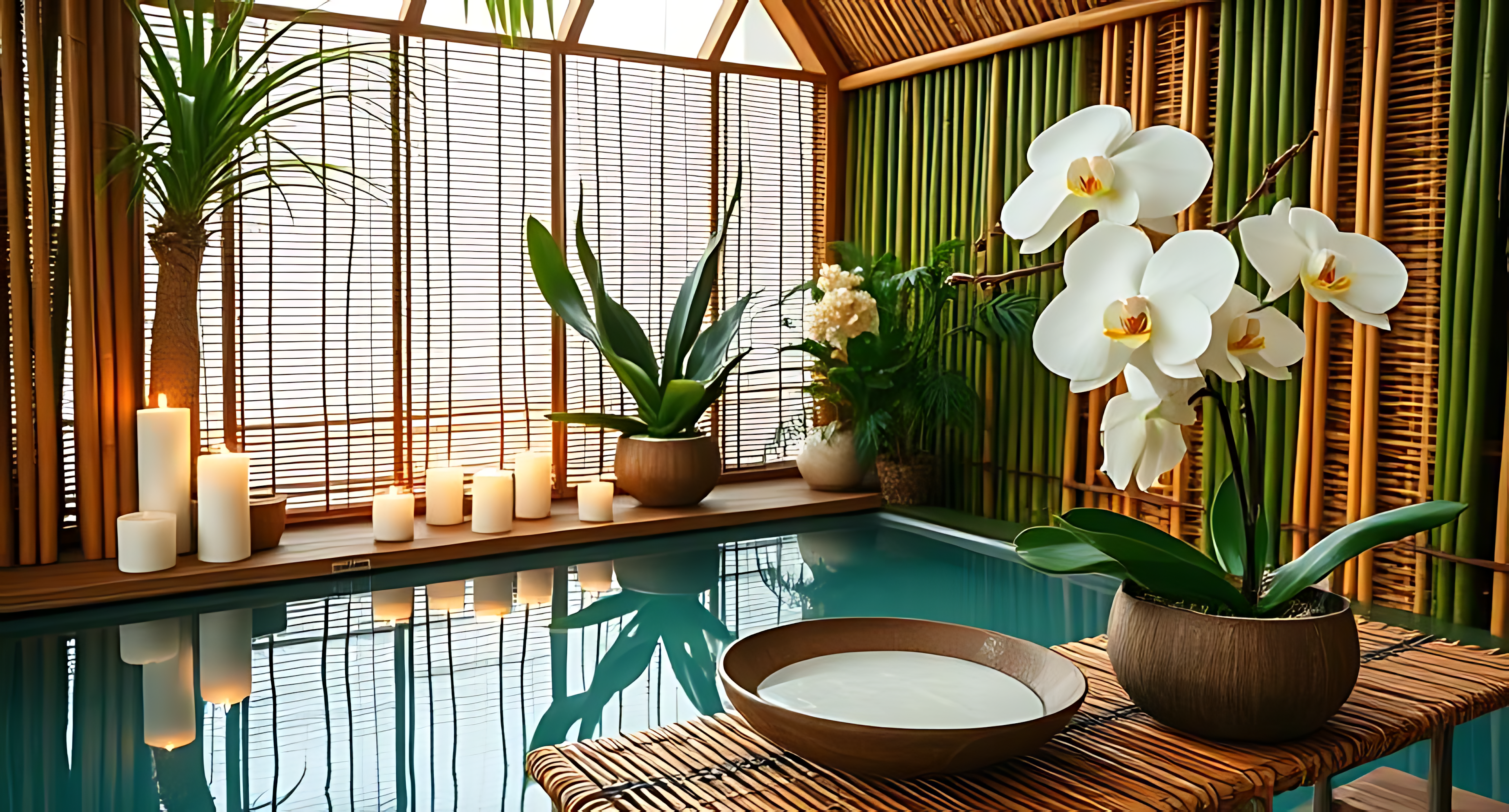 寧靜水療場景 壁紙 — 一個寧靜的室內泳池，周圍是竹牆，由發光的蠟燭和白色蘭花照亮。