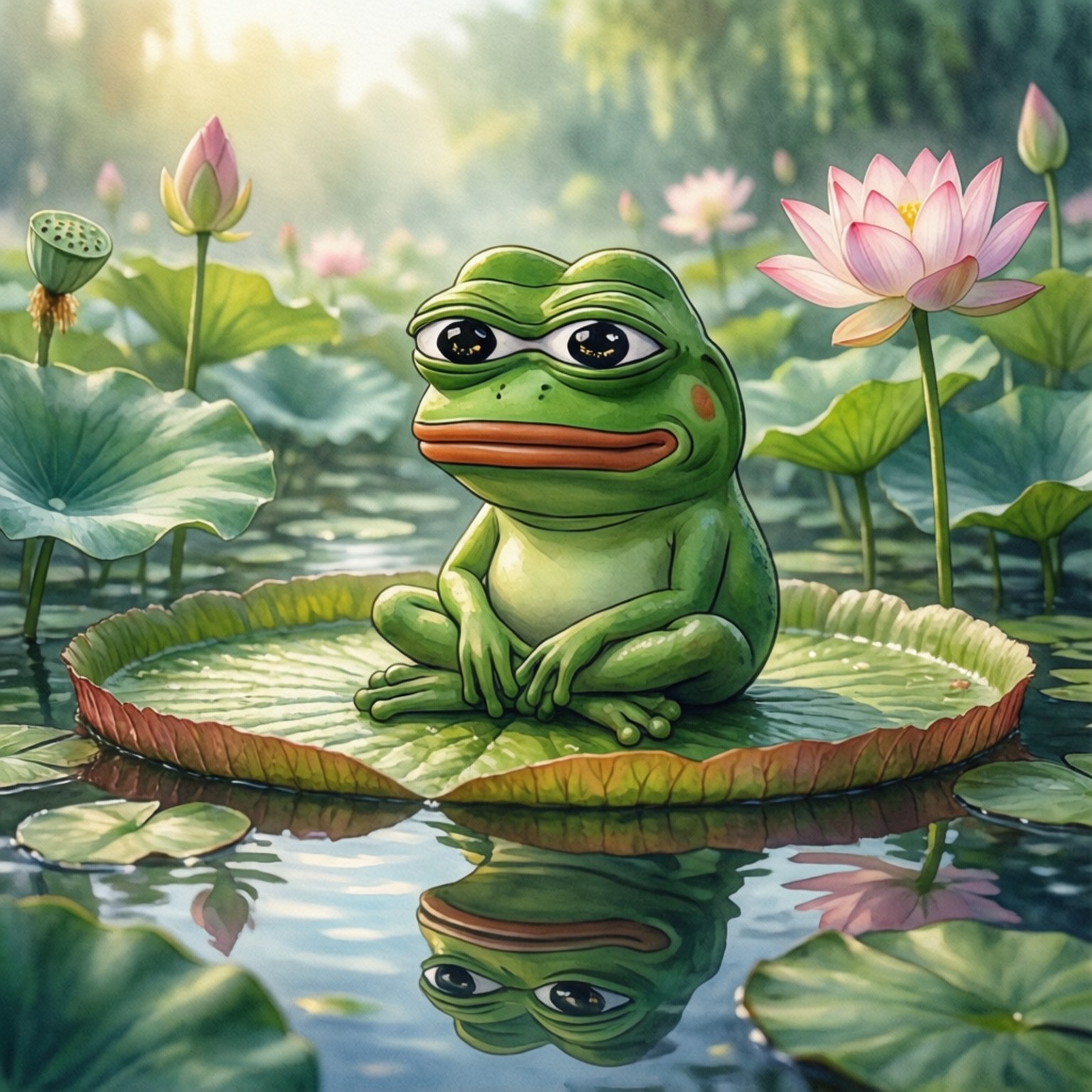 寧靜池塘的Pepe 壁紙 — 一隻卡通青蛙，眼睛下垂，盤腿坐在荷葉上，周圍環繞著粉紅色的蓮花和綠色植物。