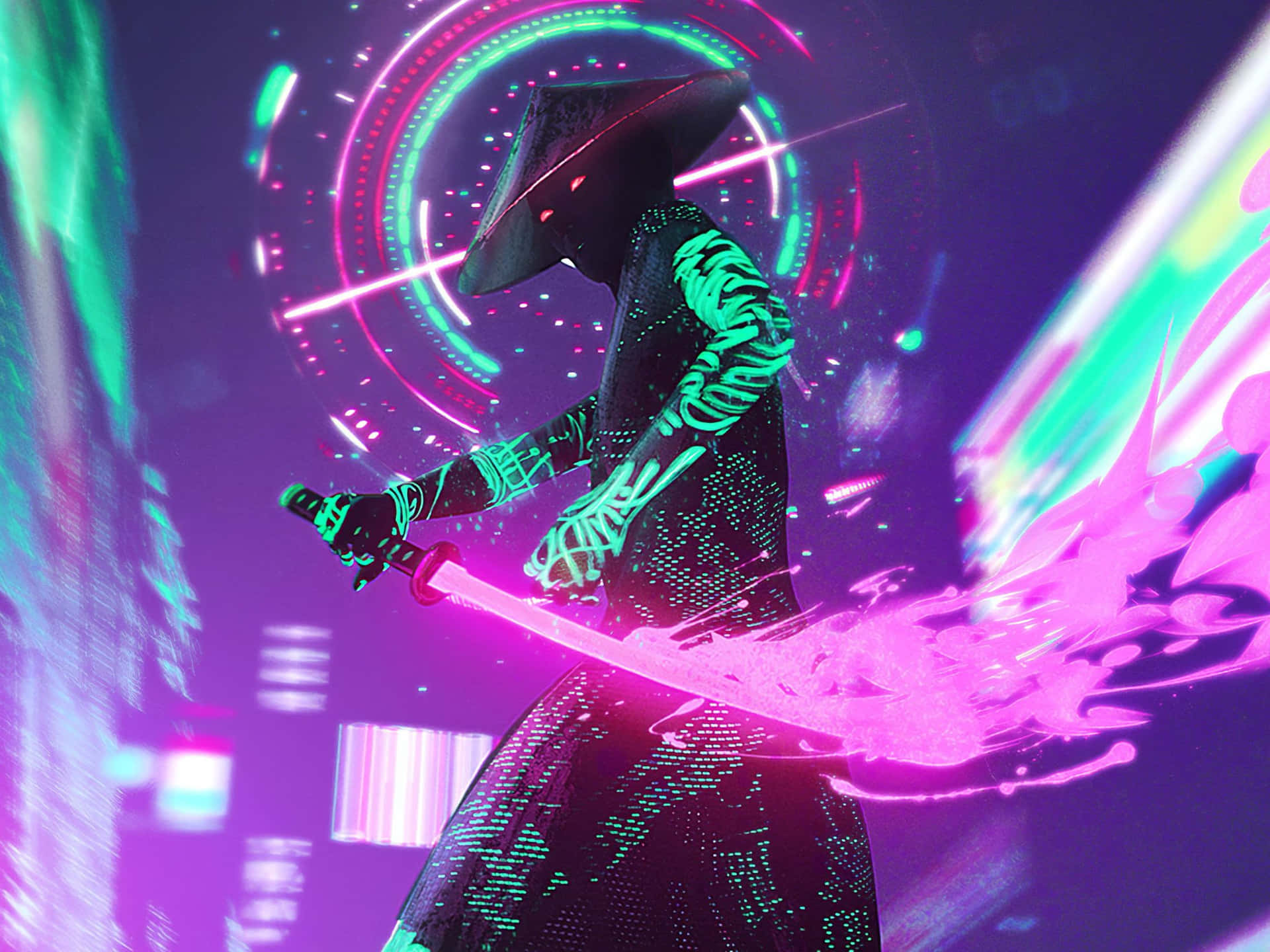 賽博龐克武士戰士，手持發光劍和霓虹能量效果。
