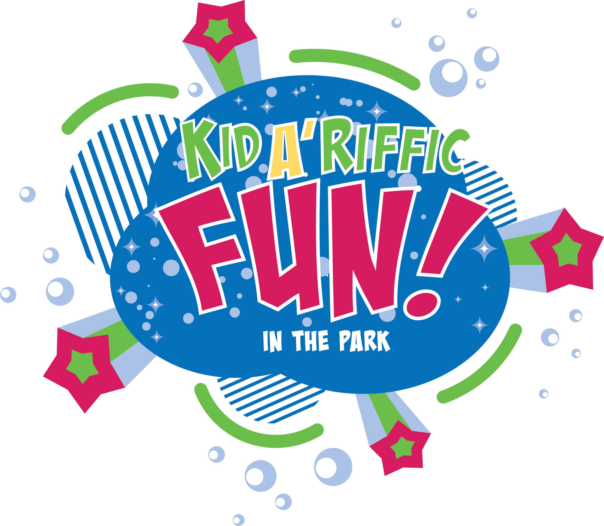 帶有彩色形狀和氣泡的 Kida Riffic Fun in the Park 標誌。