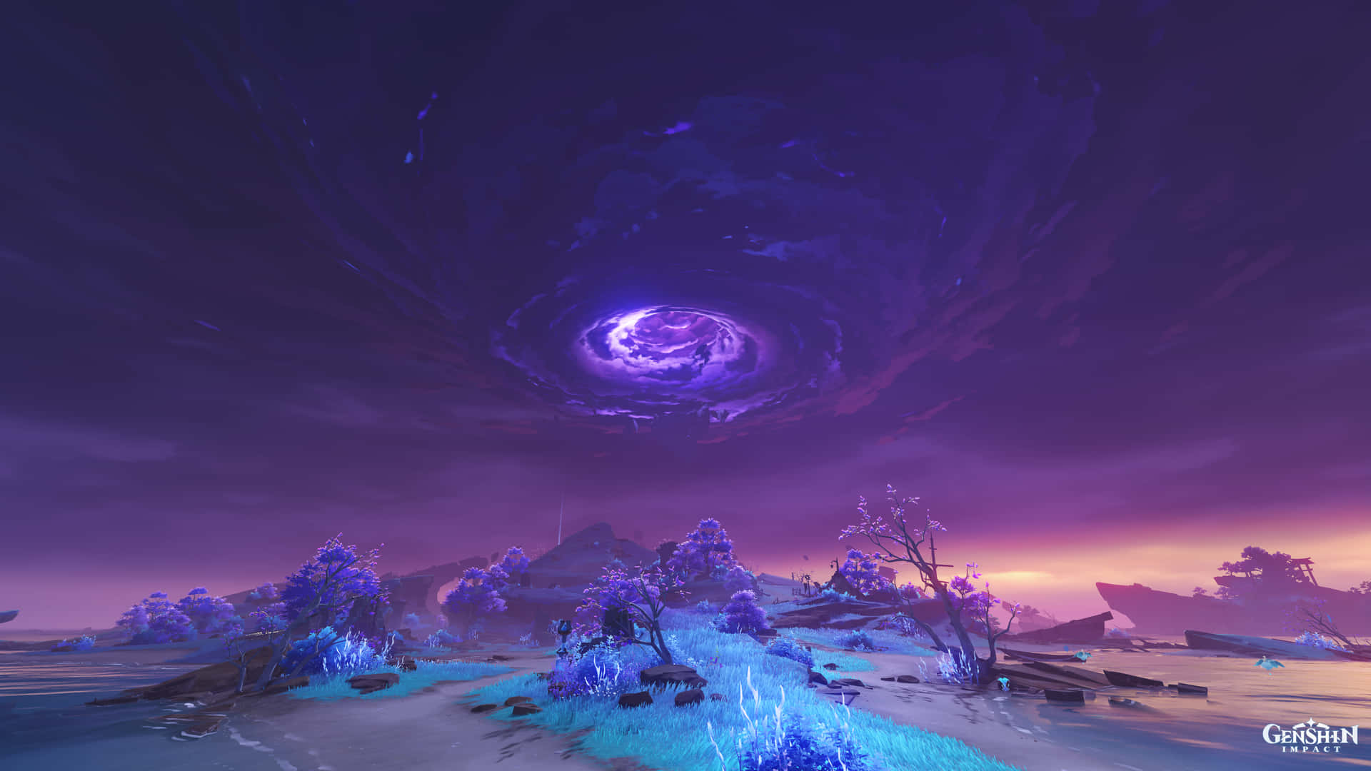 奇幻景觀，發光的樹木和黃昏天空中出現宇宙漩渦。