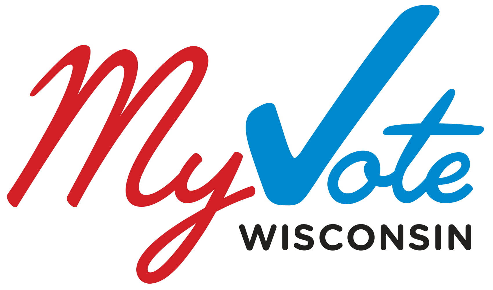 My Vote Wisconsin 標誌，白色背景上有紅藍草書和黑色文字
