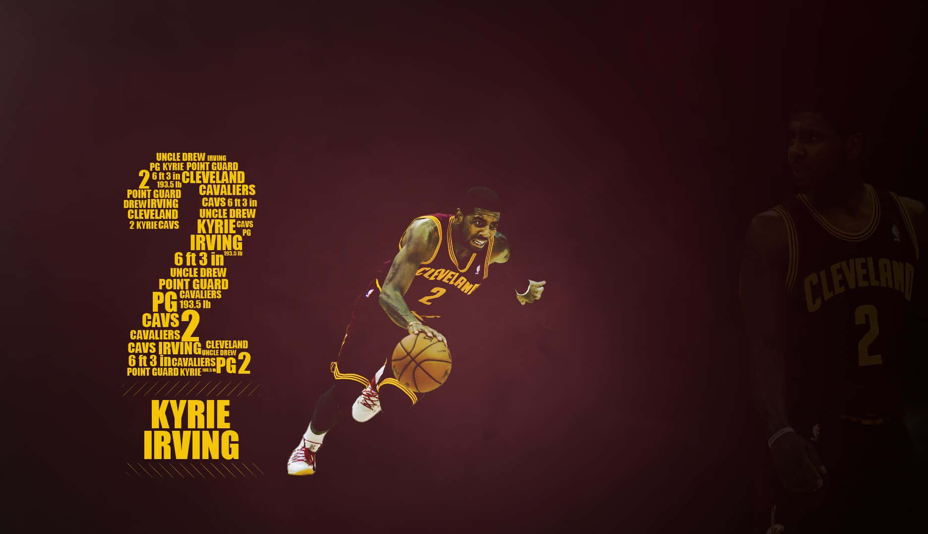 寧靜海灘上的日出美景 壁紙 — Kyrie Irving 身穿克里夫蘭騎士隊球衣，在深栗色背景上運球，並帶有文字藝術。