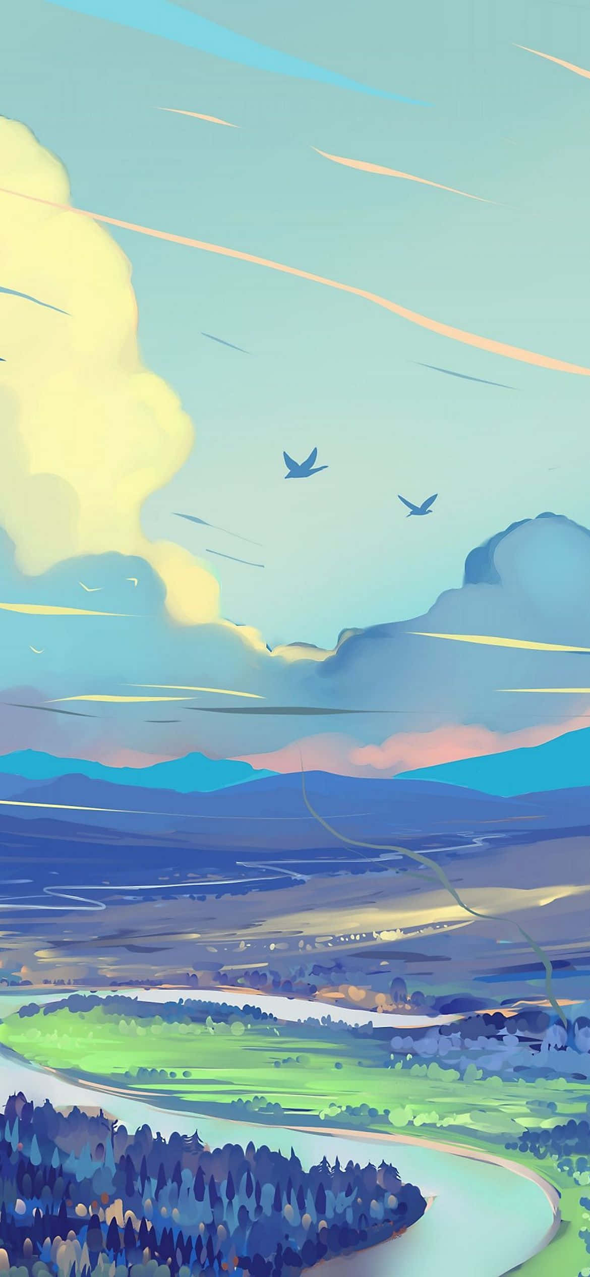 寧靜海灘日落 壁紙 — 一幅寧靜的數位畫作，描繪蜿蜒的河流穿過綠色山谷，遠山在柔和的粉彩天空下，飛鳥翱翔。