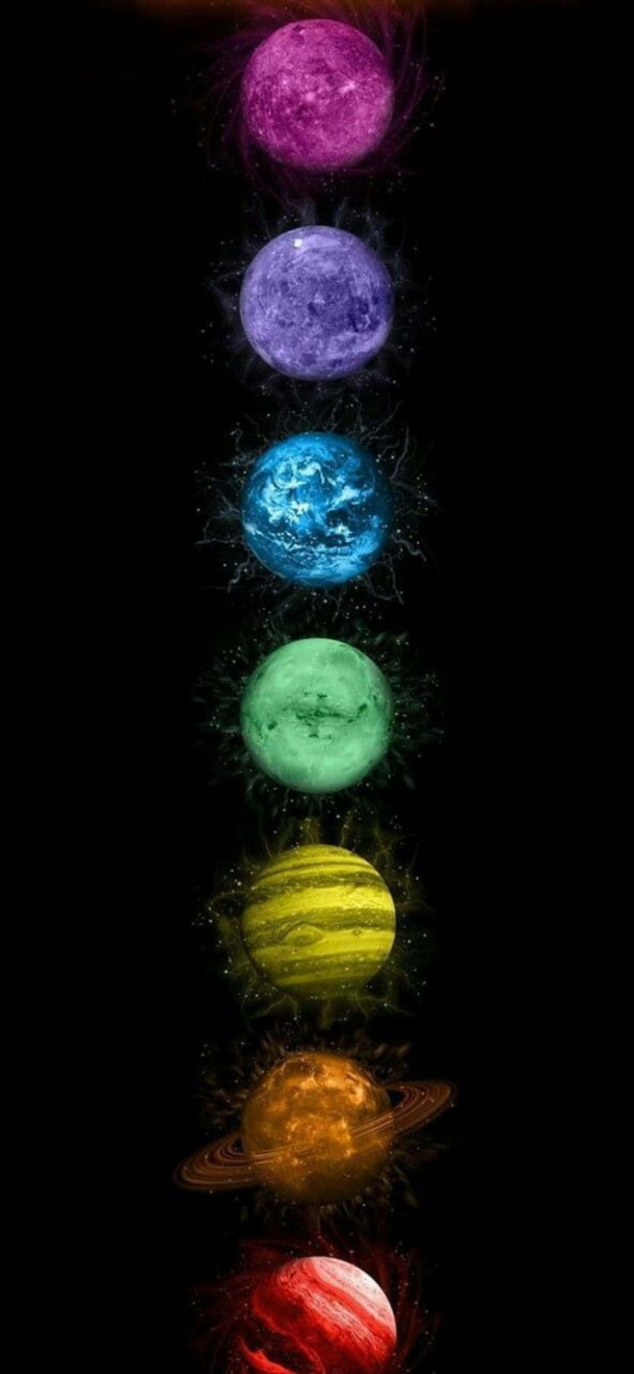 寧靜海灘與絢麗日落 壁紙 — 七顆色彩繽紛的行星在黑色虛空中垂直發光，每顆都散發出從紫色到紅色的鮮豔色調，伴隨著旋轉的宇宙能量。