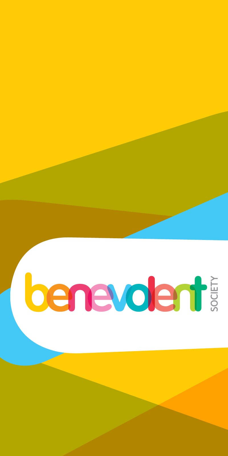 色彩繽紛的幾何背景，白色橢圓形內有 benevolent society 標誌。