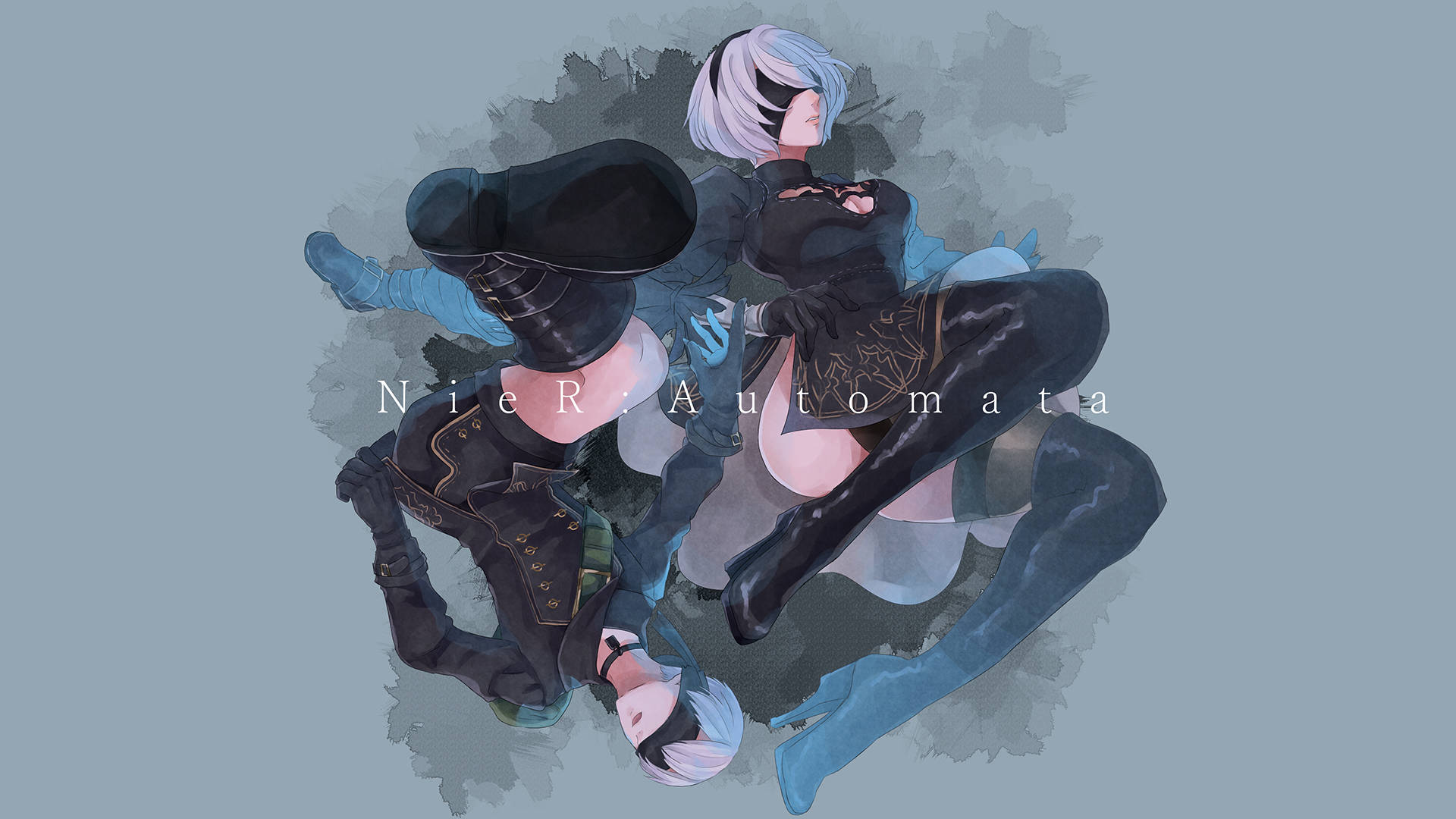 寧靜海面的日落美景 壁紙 — 來自《NieR Automata》的兩個動漫角色，在帶有水彩紋理的柔和灰色背景上擺出動態姿勢。