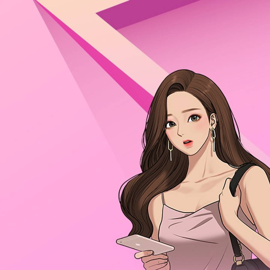 寧靜海面的絢麗日出 壁紙 — 一個時尚的動漫女孩，長長的棕色頭髮，在充滿活力的粉紅色幾何背景前拿著手機。
