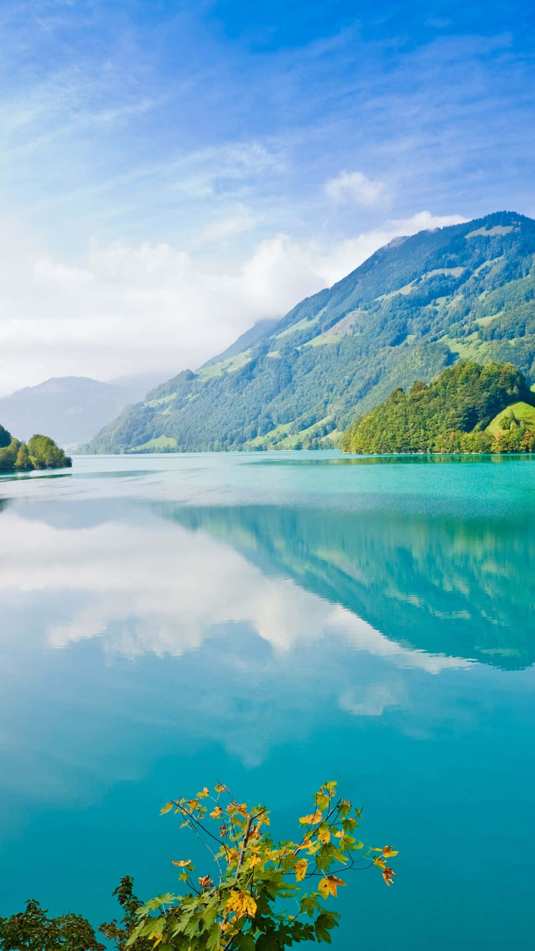 平靜的綠松石色湖泊反射山脈和天空，前景有秋葉