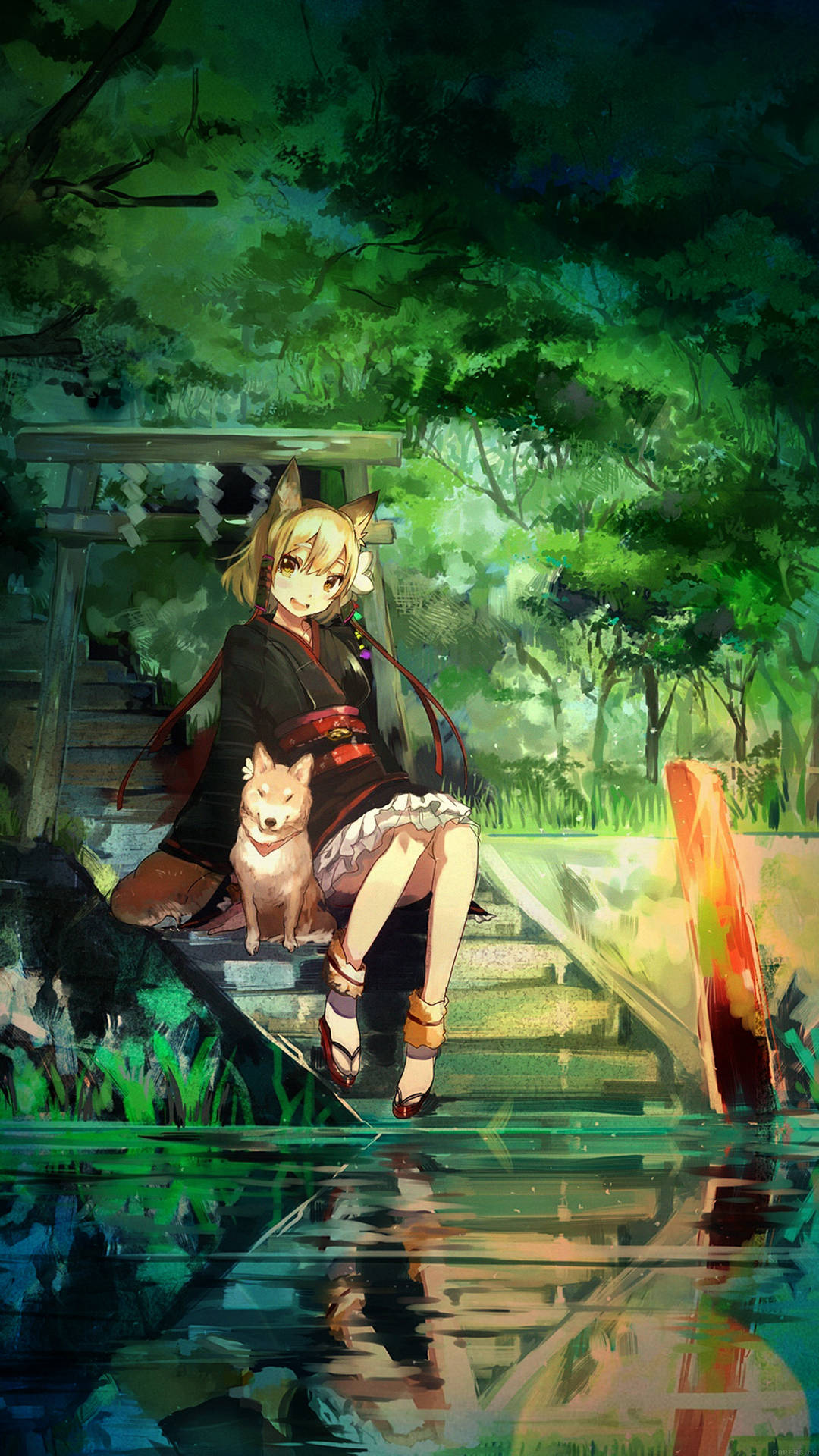 狐耳少女身穿和服，在水邊森林神社台階上與狗在一起。
