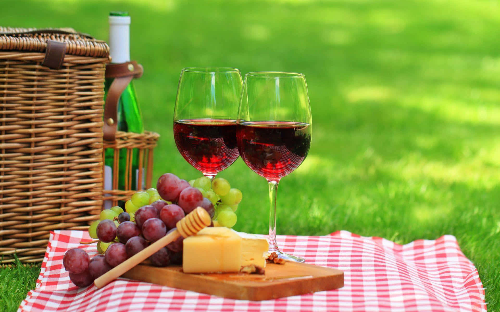 草地上有葡萄酒、葡萄、芝士和籃子的野餐佈置