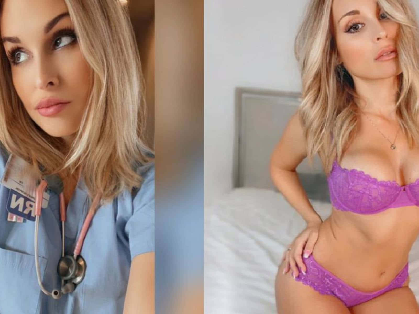 一位穿護士服的護士和一位穿紫色內衣的女子在室內擺姿勢。
