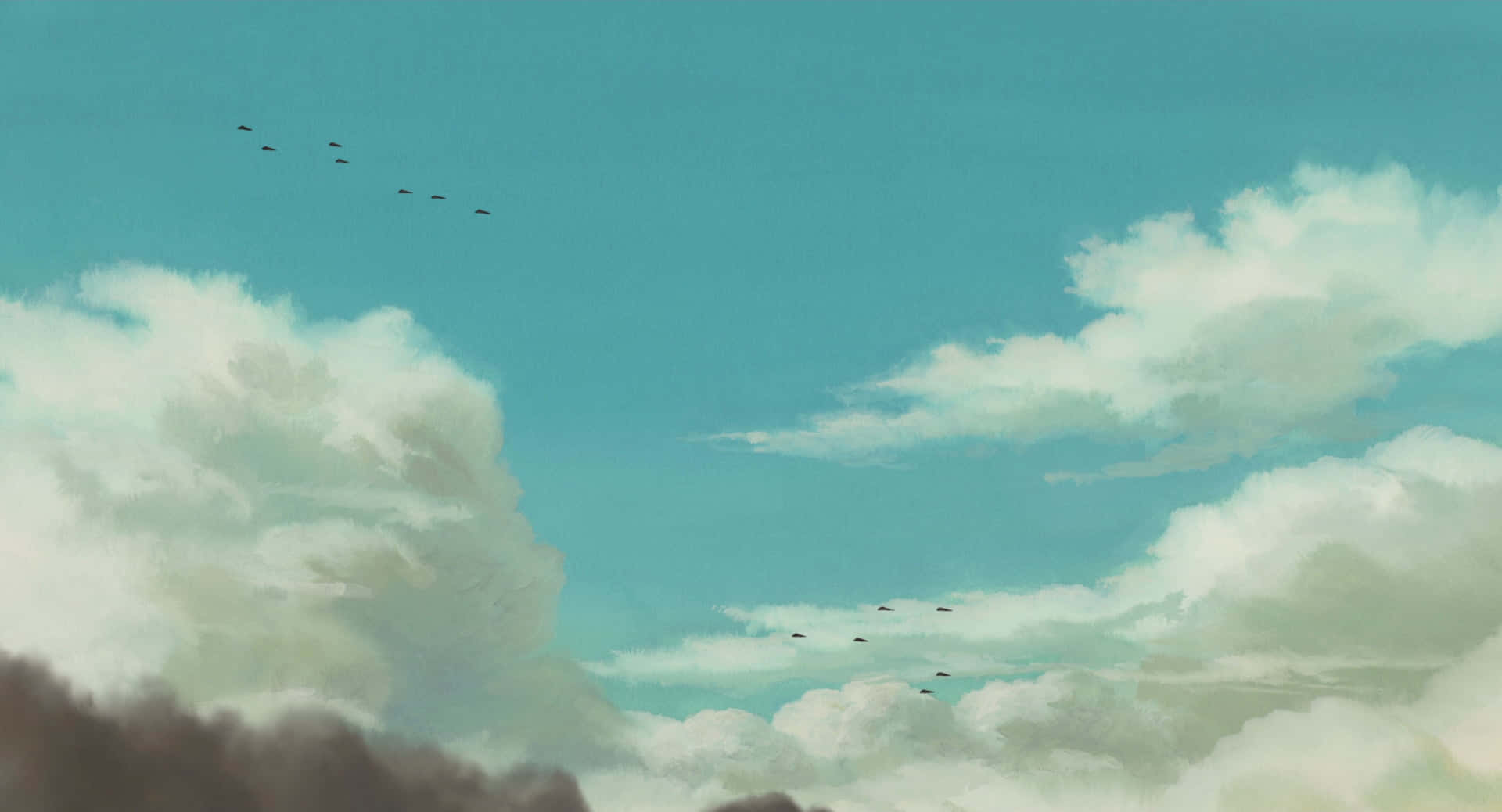 兩隊V字形鳥群飛過多雲的藍綠色天空。