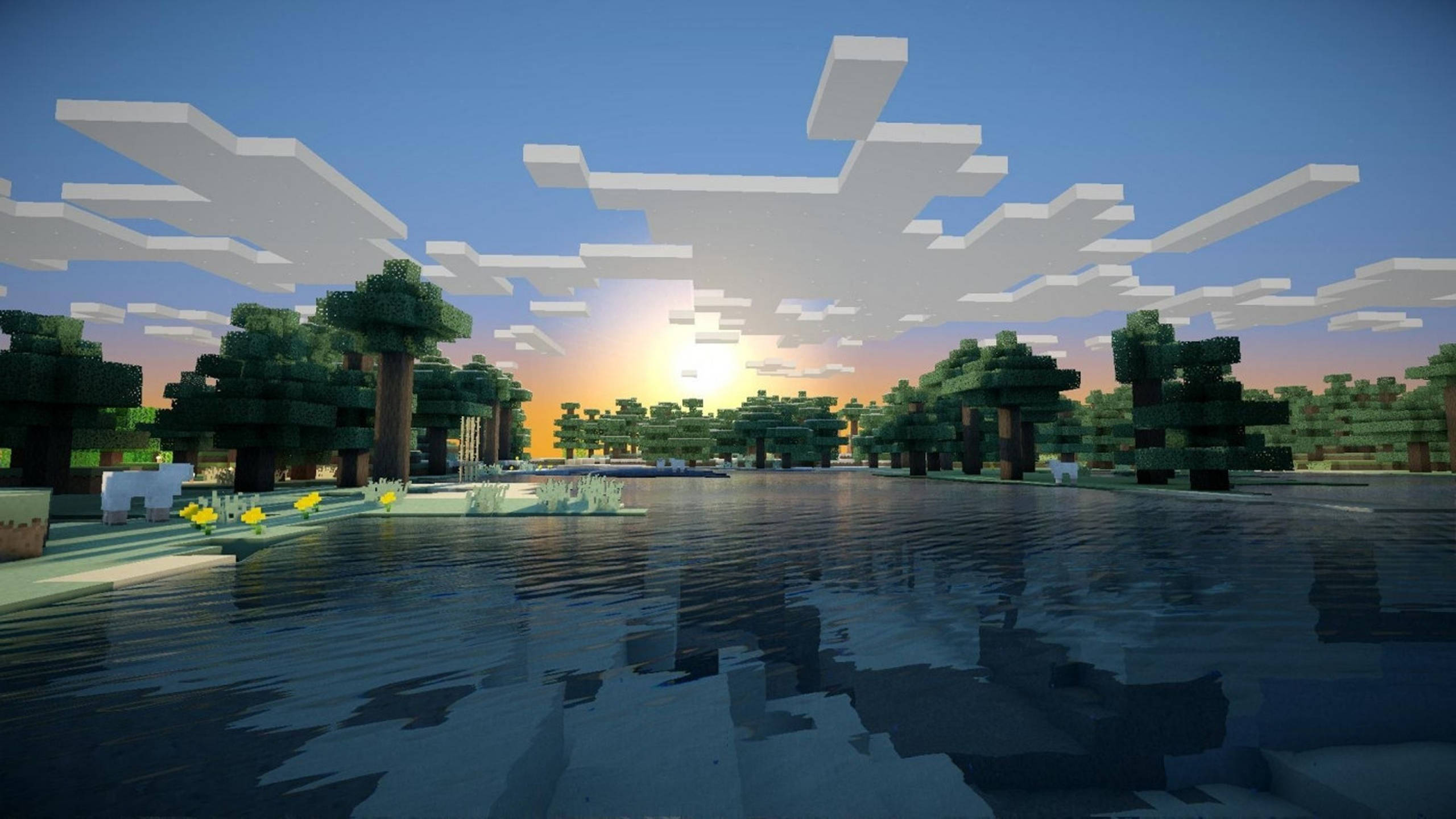 Minecraft Shaders 桌布 壁紙 — 寧靜的Minecraft日落，映照在平靜的湖面上，有方塊狀的樹木和雲朵倒映在水中。