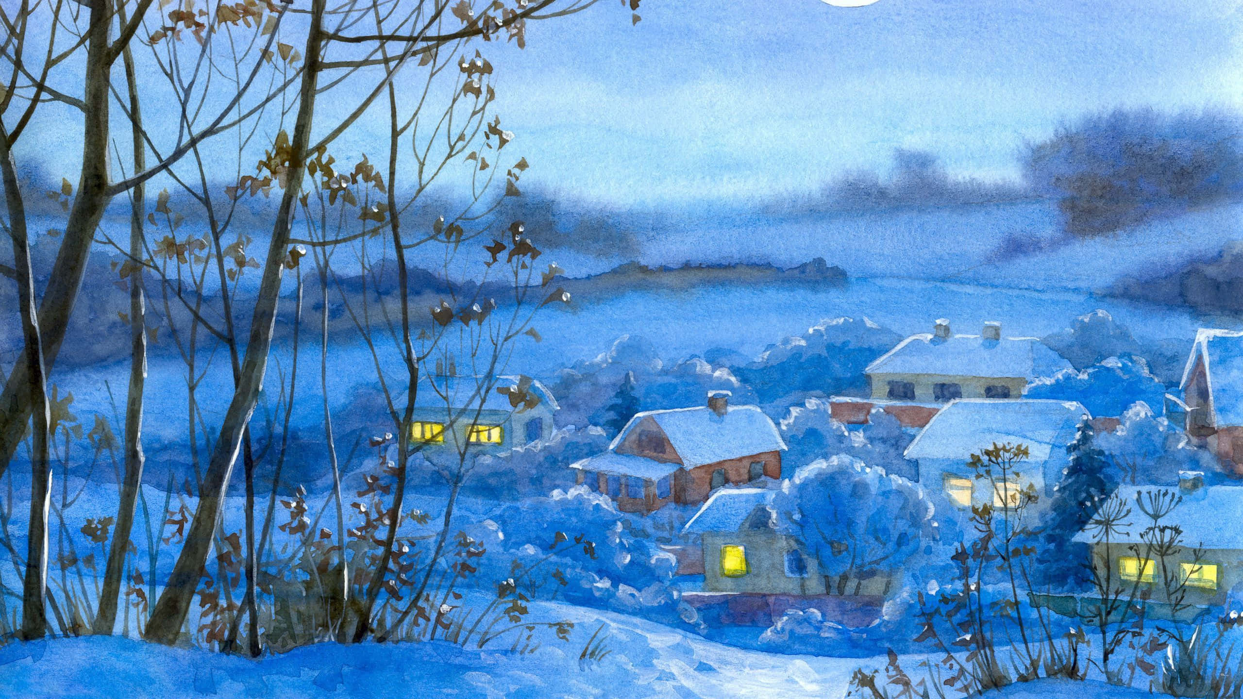 Winter Painting 桌布 壁紙 — 寧靜的冬夜場景，白雪覆蓋的房屋在蒼白的月光天空下溫暖地發光，周圍是光禿禿的樹木。