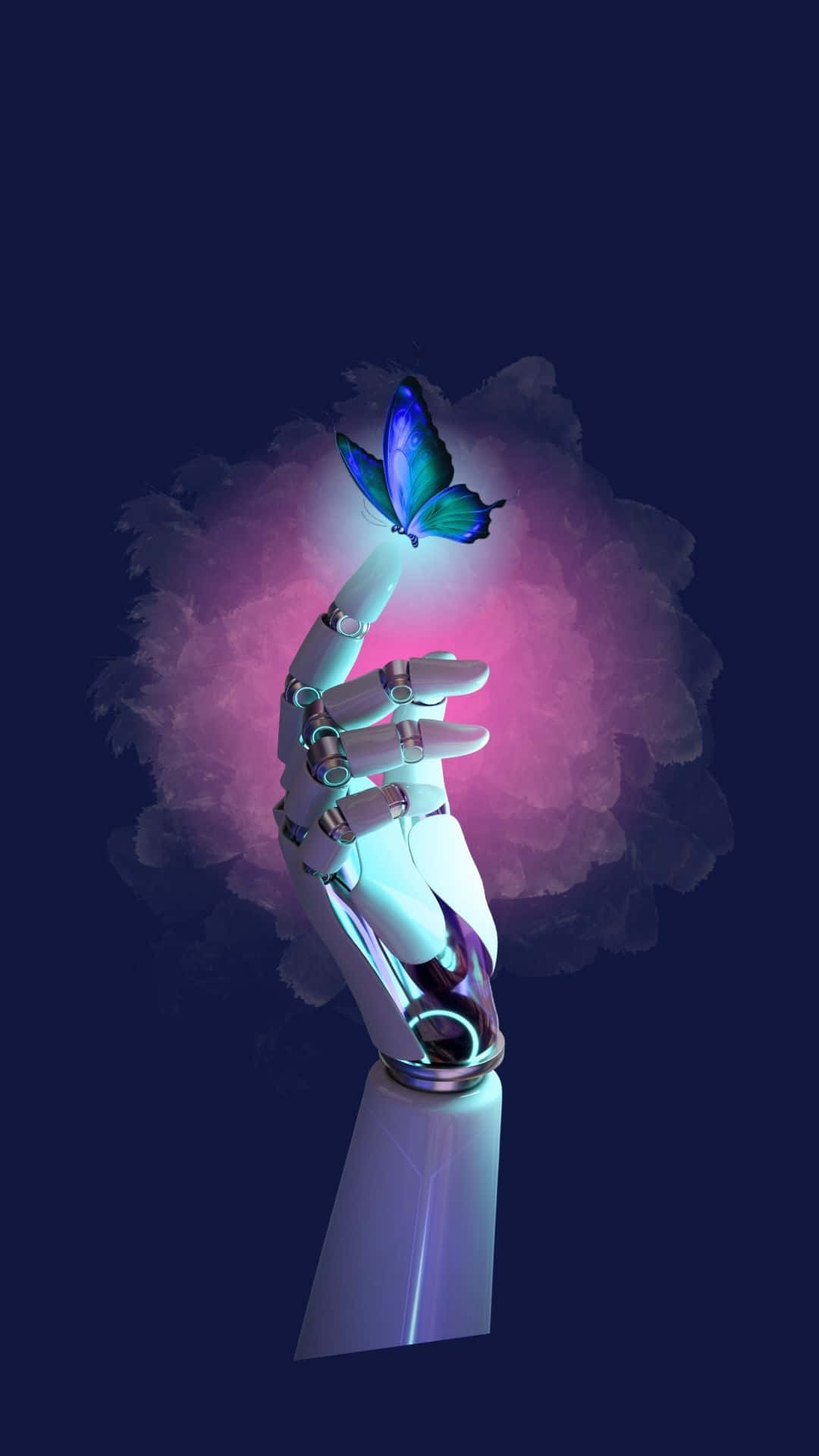 寧靜的冬季風景 壁紙 — 一隻發光的機械手輕輕托著一隻鮮豔的藍色蝴蝶，背景是煙霧般的粉紅色和深藍色。