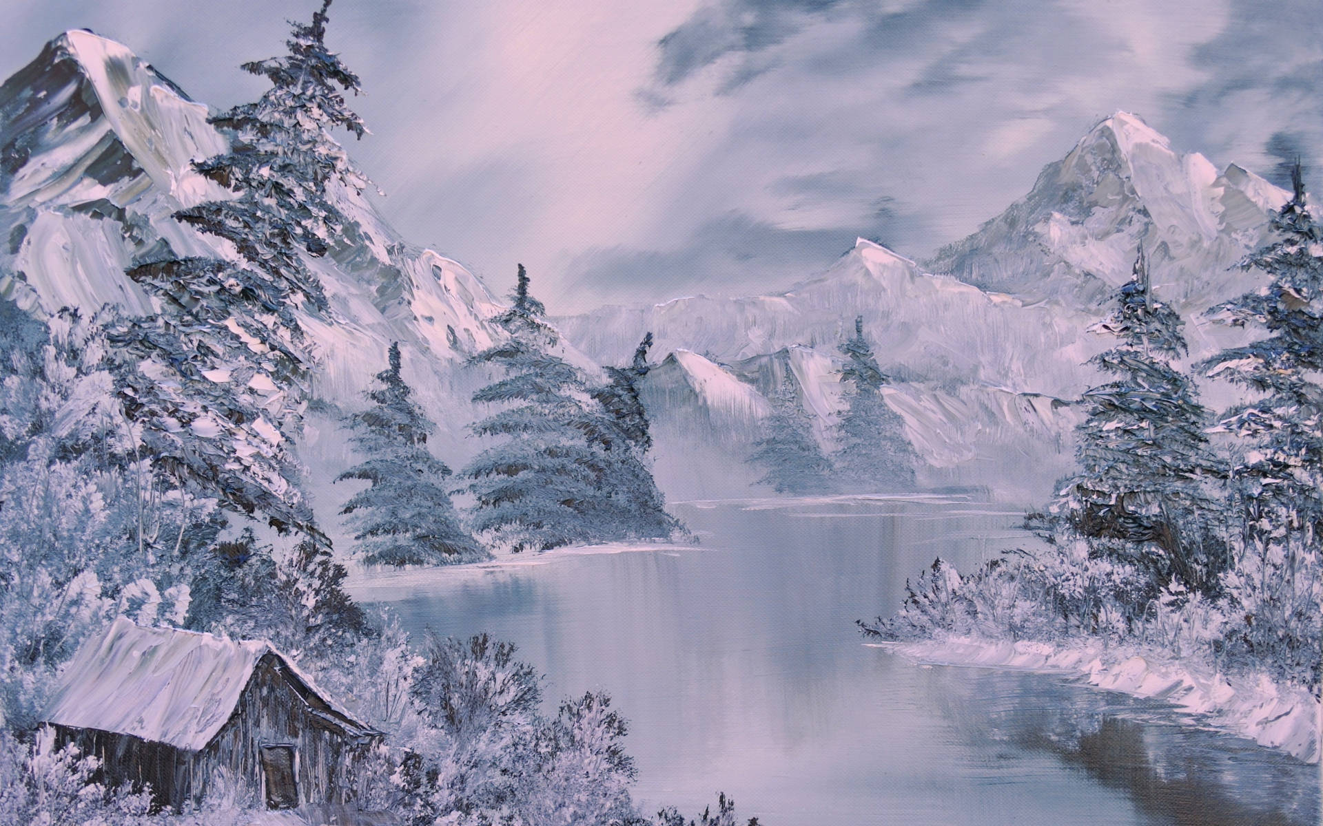 Painting 桌布 壁紙 — 寧靜的冬日景觀，白雪覆蓋的山脈、松樹和冰凍的湖泊環繞著一座小木屋，天空多雲。