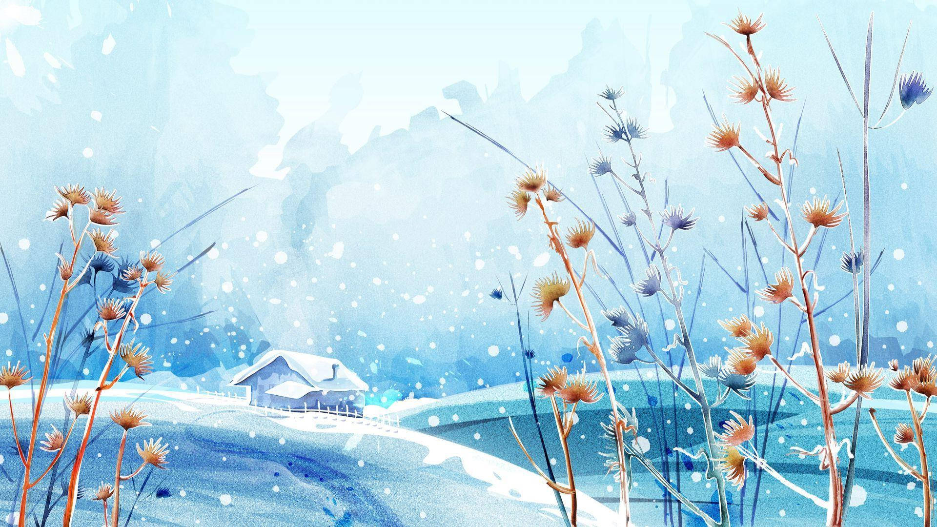 冬天 桌布 壁紙 — 寧靜的冬日景象，雪覆蓋的小屋坐落在藍色山丘中，高大的乾燥花朵在飄雪中構成畫框。