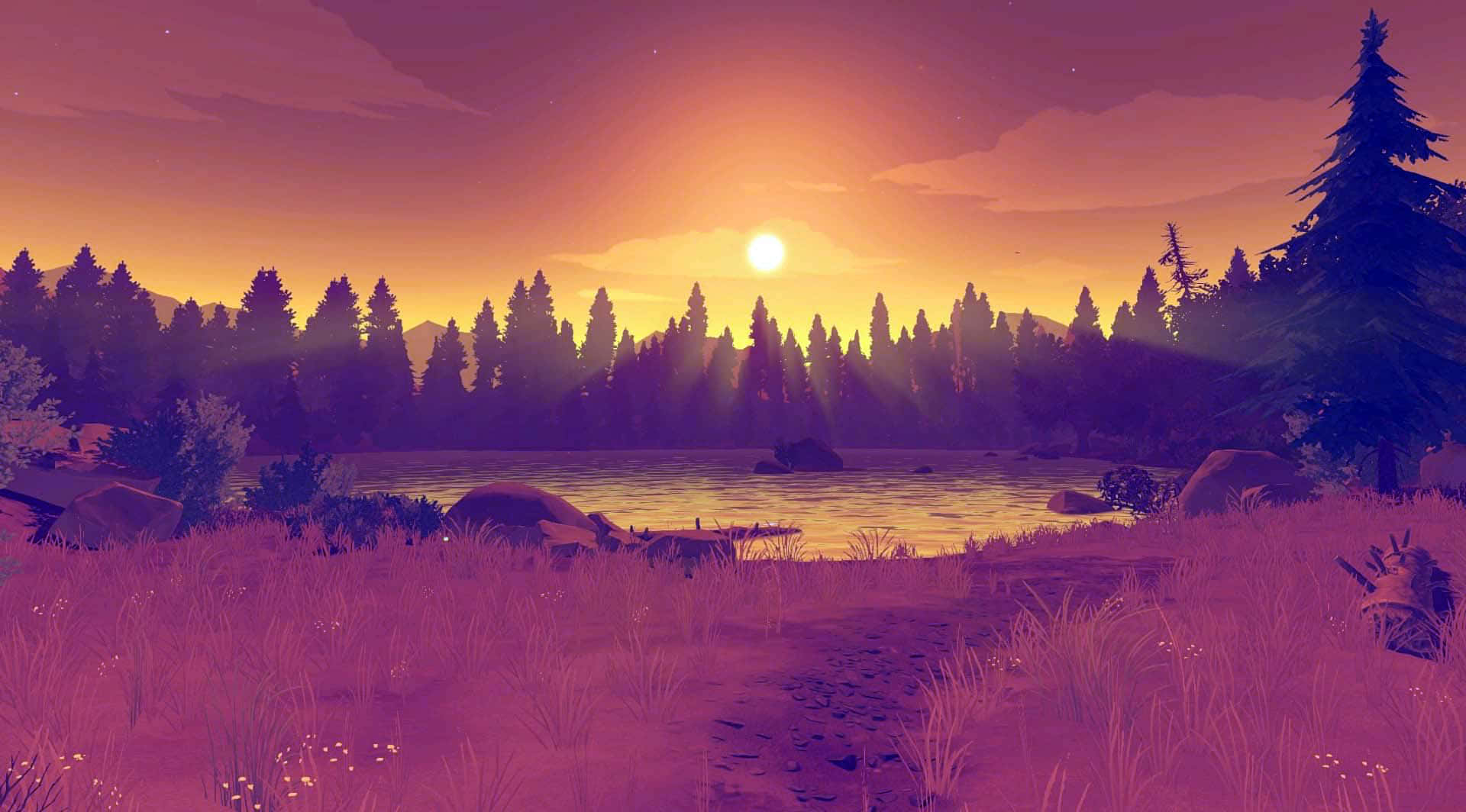 Firewatch 桌布 壁紙 — 寧靜的夕陽沐浴在被松樹和長草環繞的寧靜湖泊，呈現溫暖的紫色和橙色色調。