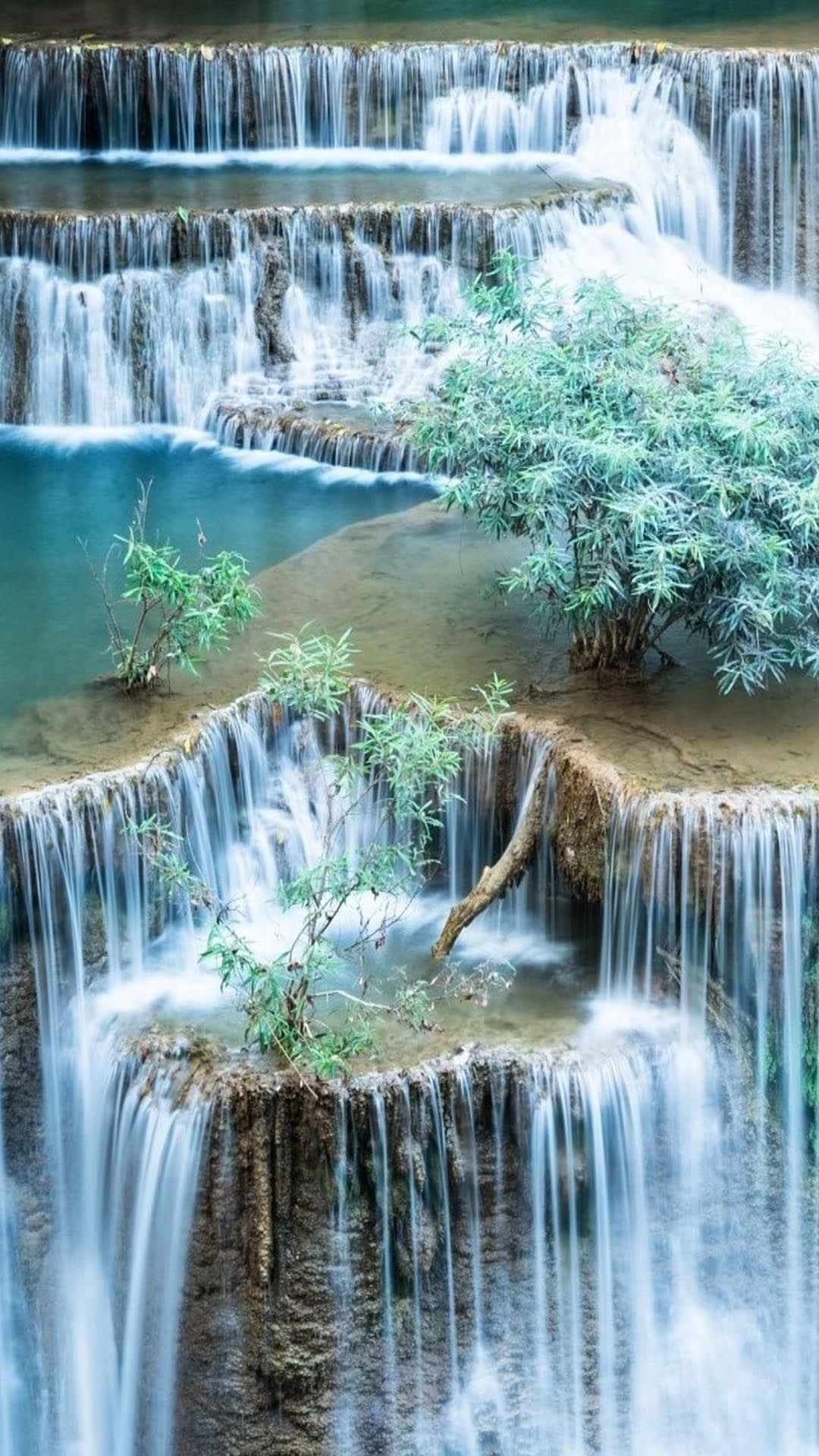 3d Waterfall 桌布 壁紙 — 寧靜的多層瀑布從長滿苔蘚的岩石上傾瀉而下，下方碧綠色的水池中茂盛地生長著鮮綠色的葉子。