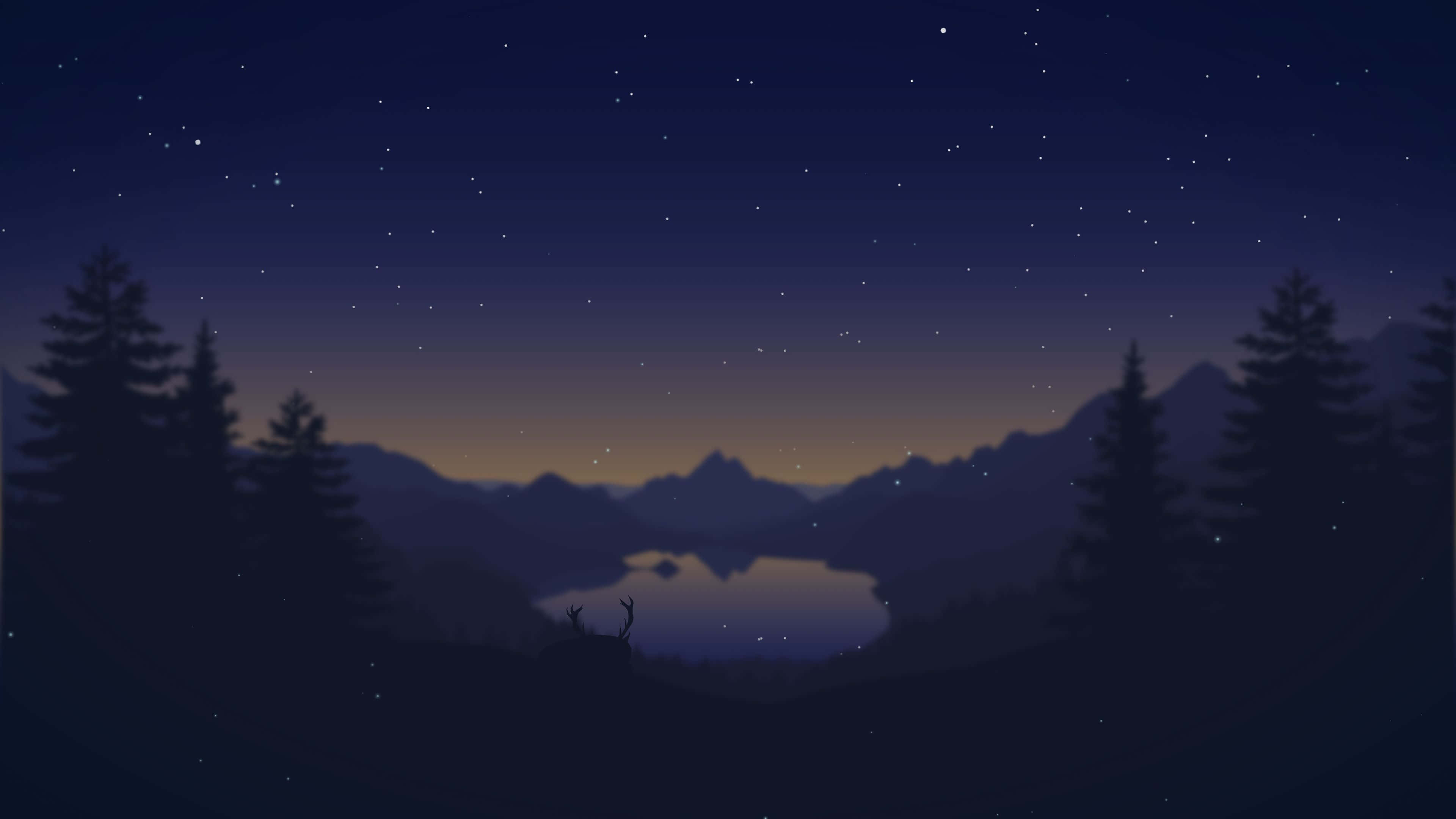 Minimalist Sky 桌布 壁紙 — 寧靜的夜晚場景，一隻鹿的剪影站在繁星點點的湖邊，周圍環繞著松樹和遠山。