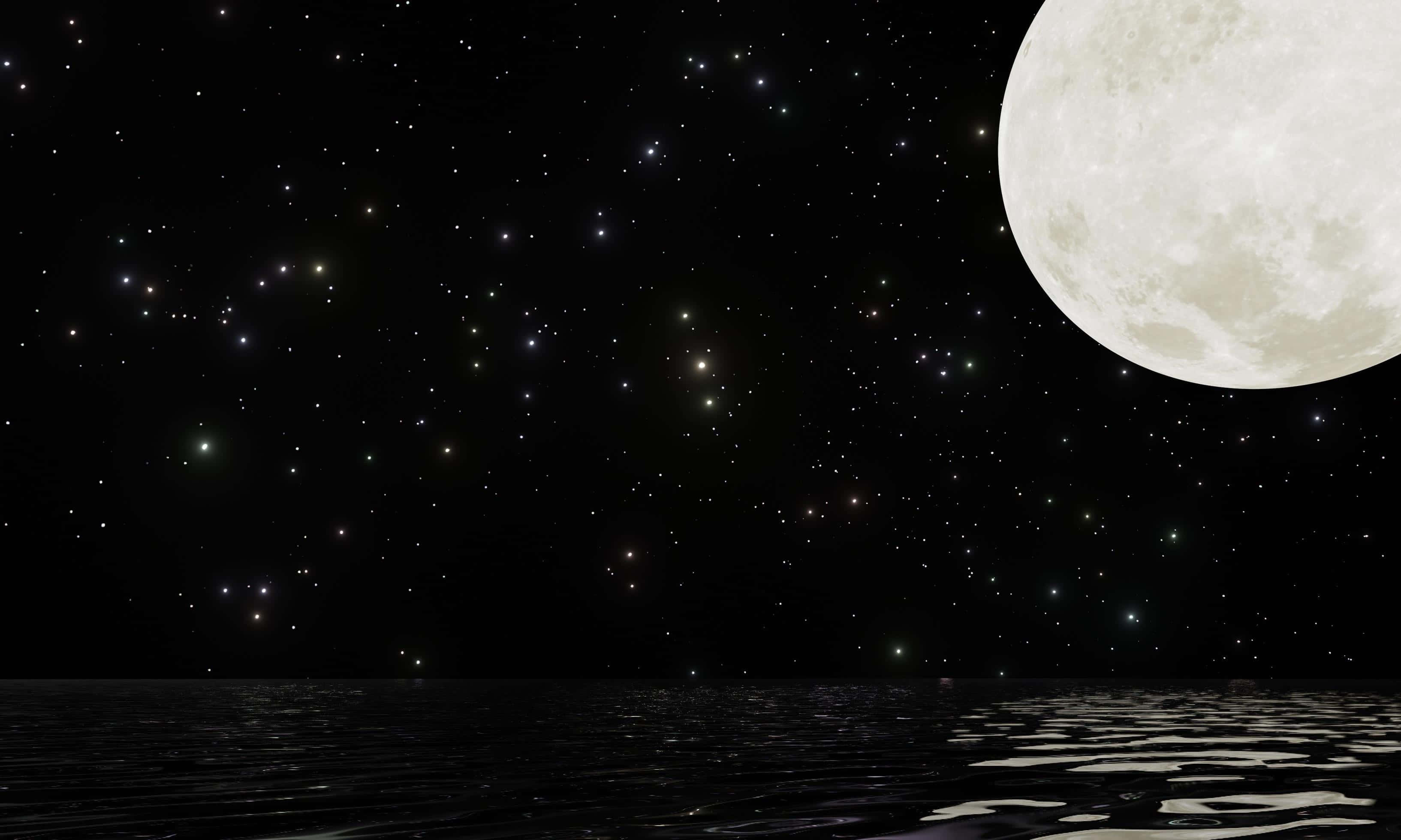 Dark Night 桌布 壁紙 — 寧靜的夜晚場景，滿月和星星倒映在平靜的水面上。