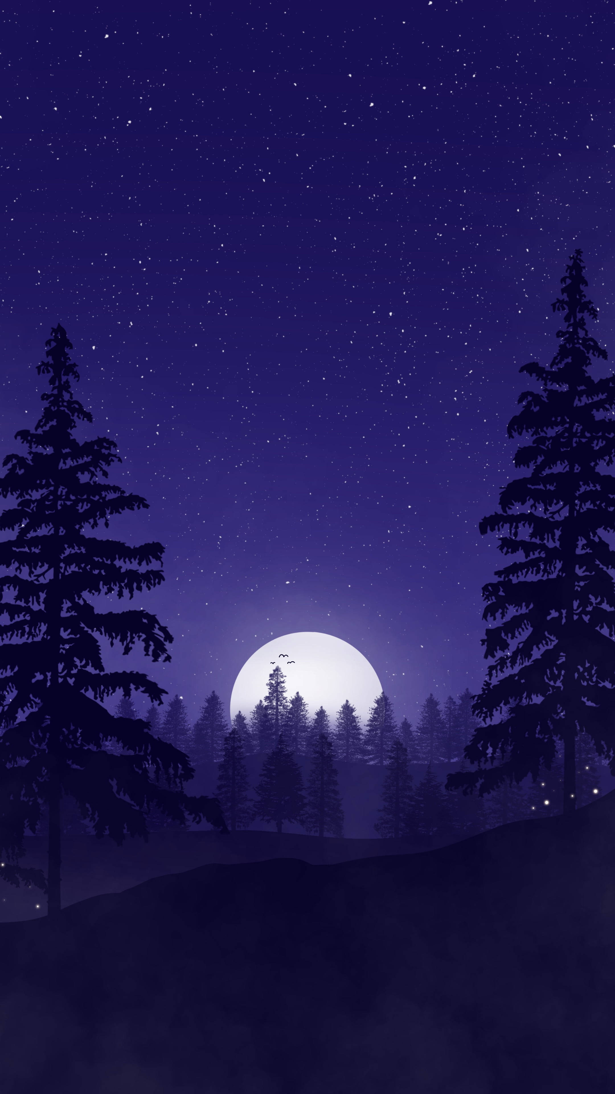 Moon Aesthetic 桌布 壁紙 — 寧靜的夜晚場景，滿月在松樹林後升起，背景是繁星點點的深藍色天空。