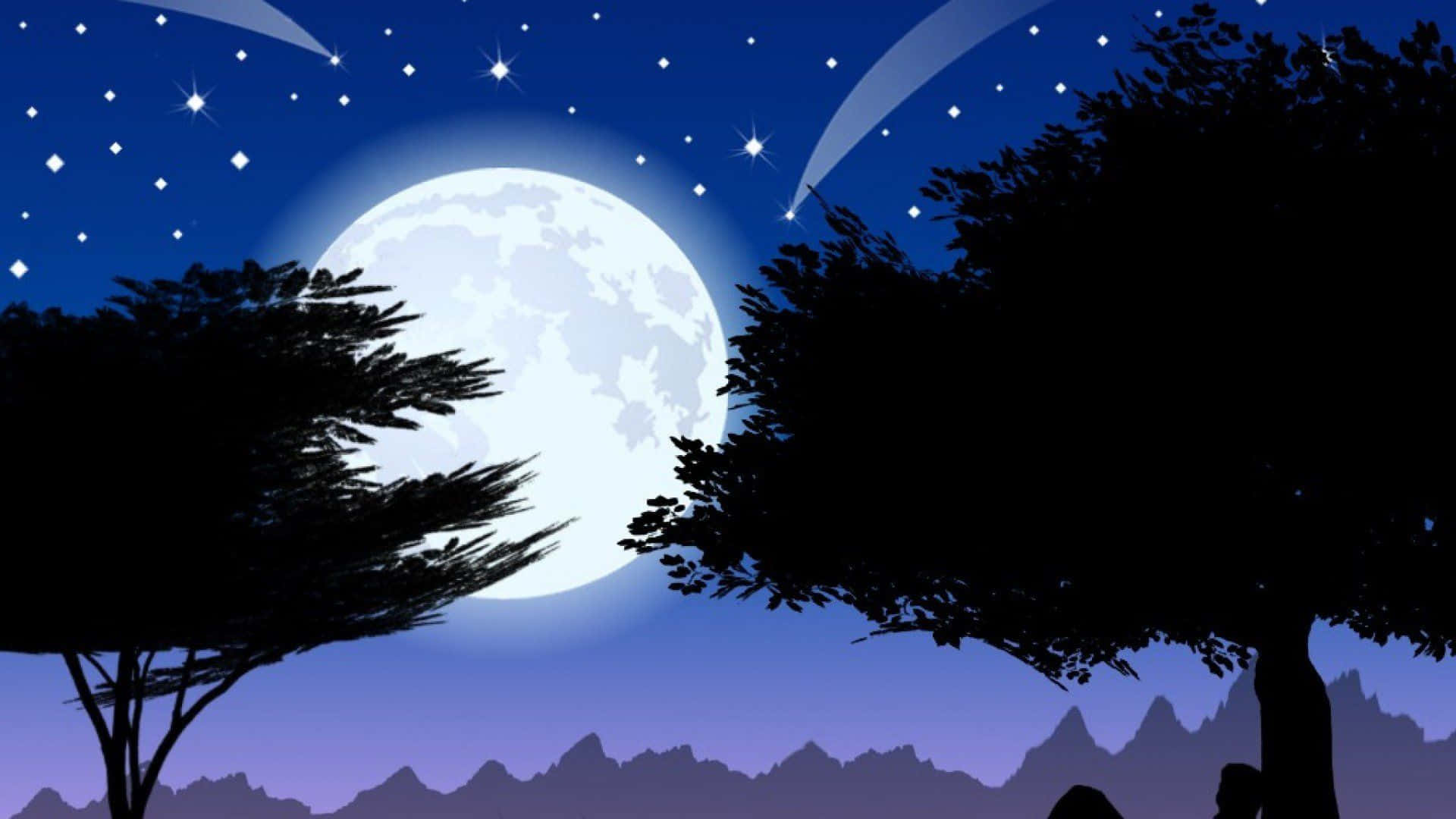 月亮與星星動畫 桌布 壁紙 — 寧靜的夜景，一輪巨大的月亮被樹木剪影環繞，背景是星空和遠山。