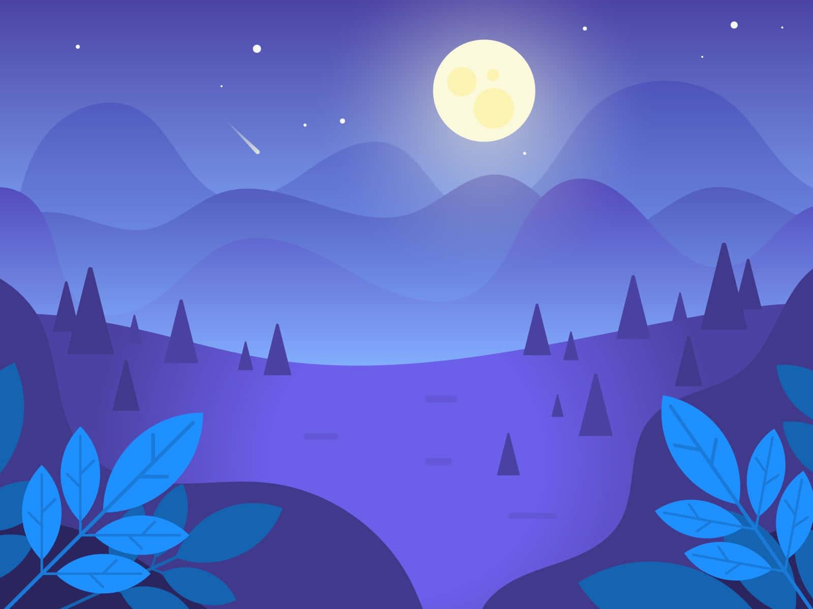 Vector Art 桌布 壁紙 — 寧靜的夜景，星空下紫色山脈和藍色樹葉上方有發光的月亮。