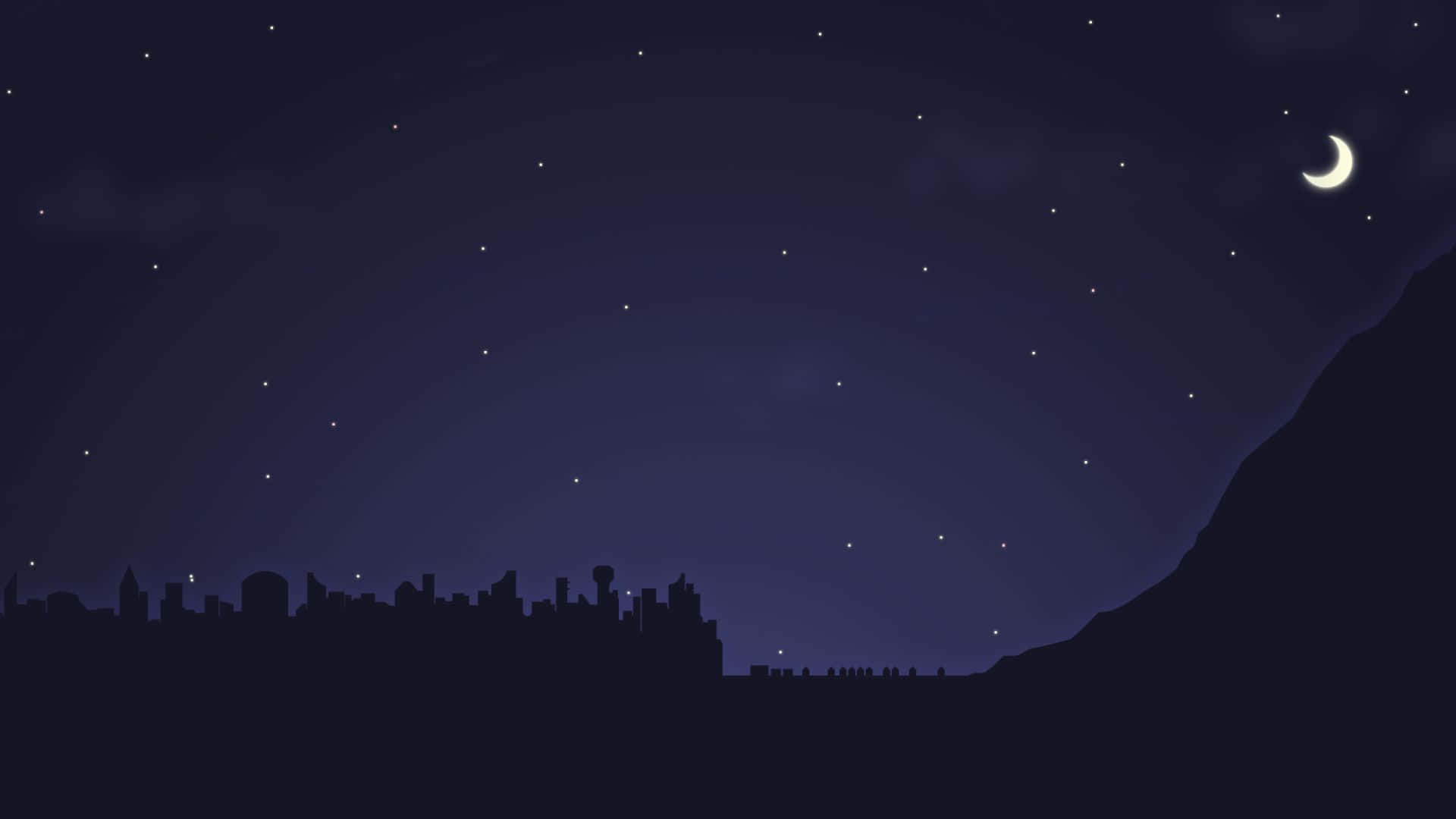 Minimalist Sky 桌布 壁紙 — 寧靜的夜空，新月和星星高懸於城市剪影之上，背景是黑暗的山脈。