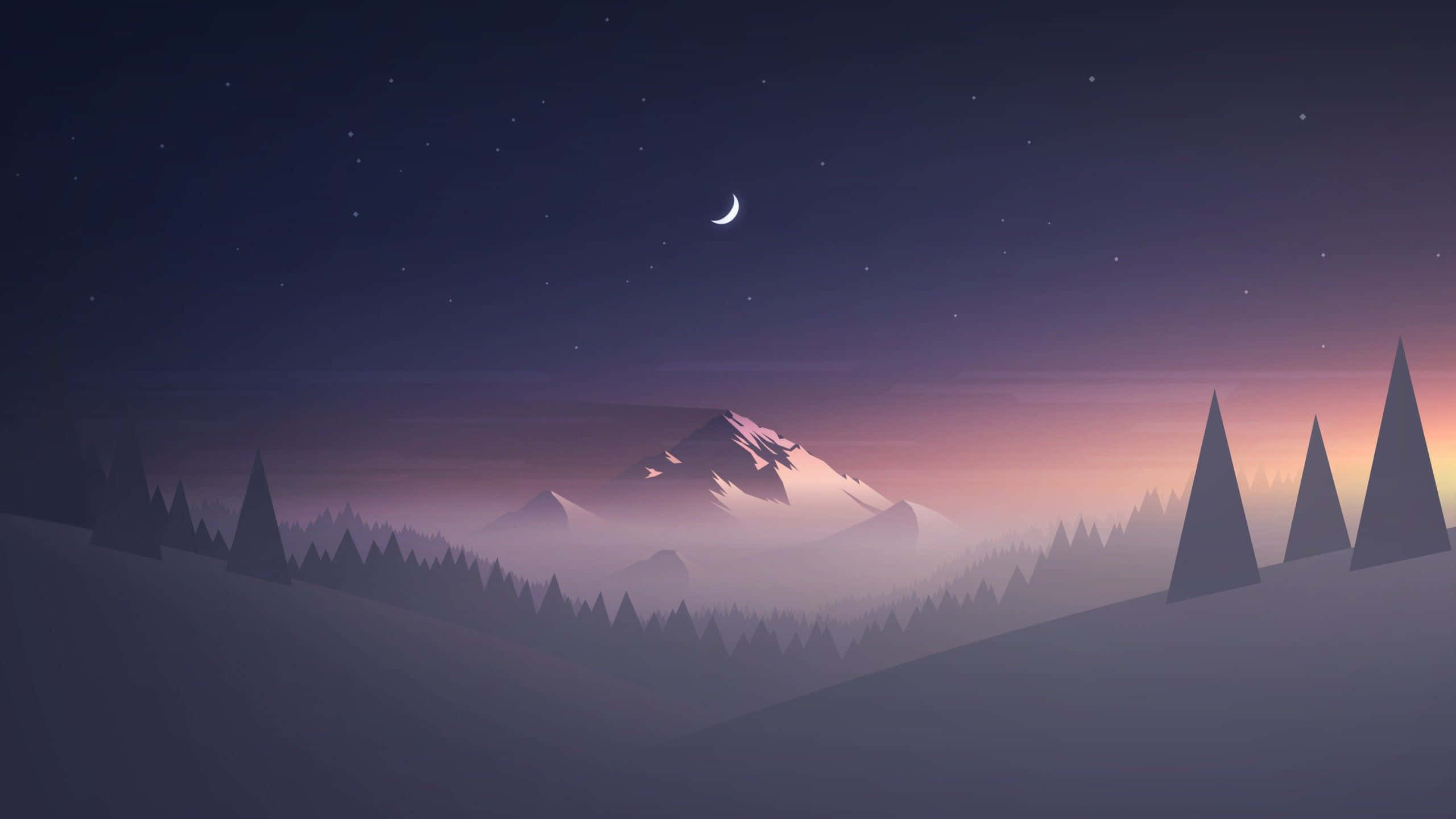 Minimalism 桌布 壁紙 — 寧靜的夜間山景，新月和星星籠罩在霧氣繚繞的山峰和剪影松樹之上。