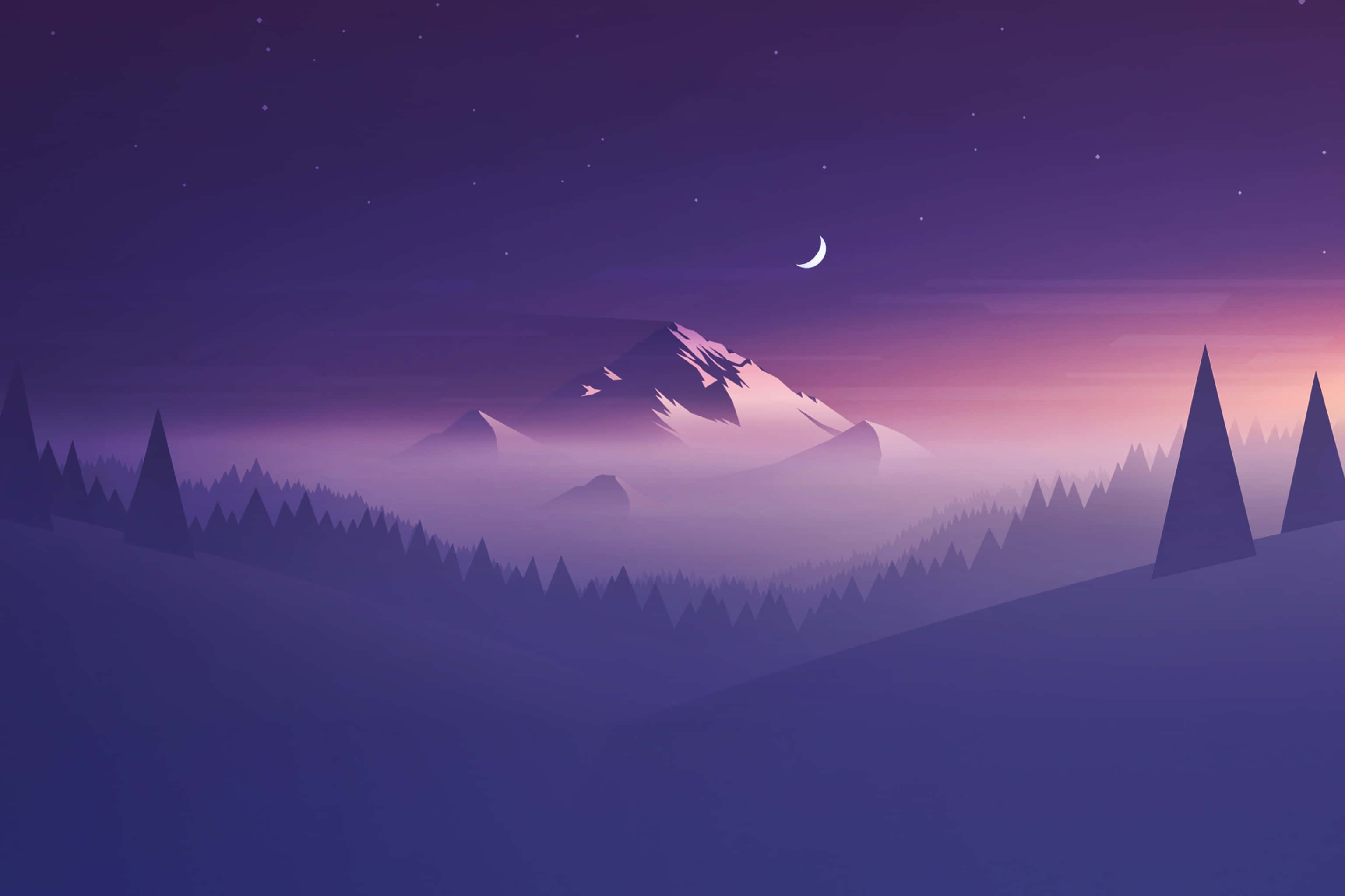 平板電腦 桌布 壁紙 — 寧靜的夜間山景，沐浴在紫色調中，新月和星星點綴在霧氣繚繞的山峰和松樹之上。