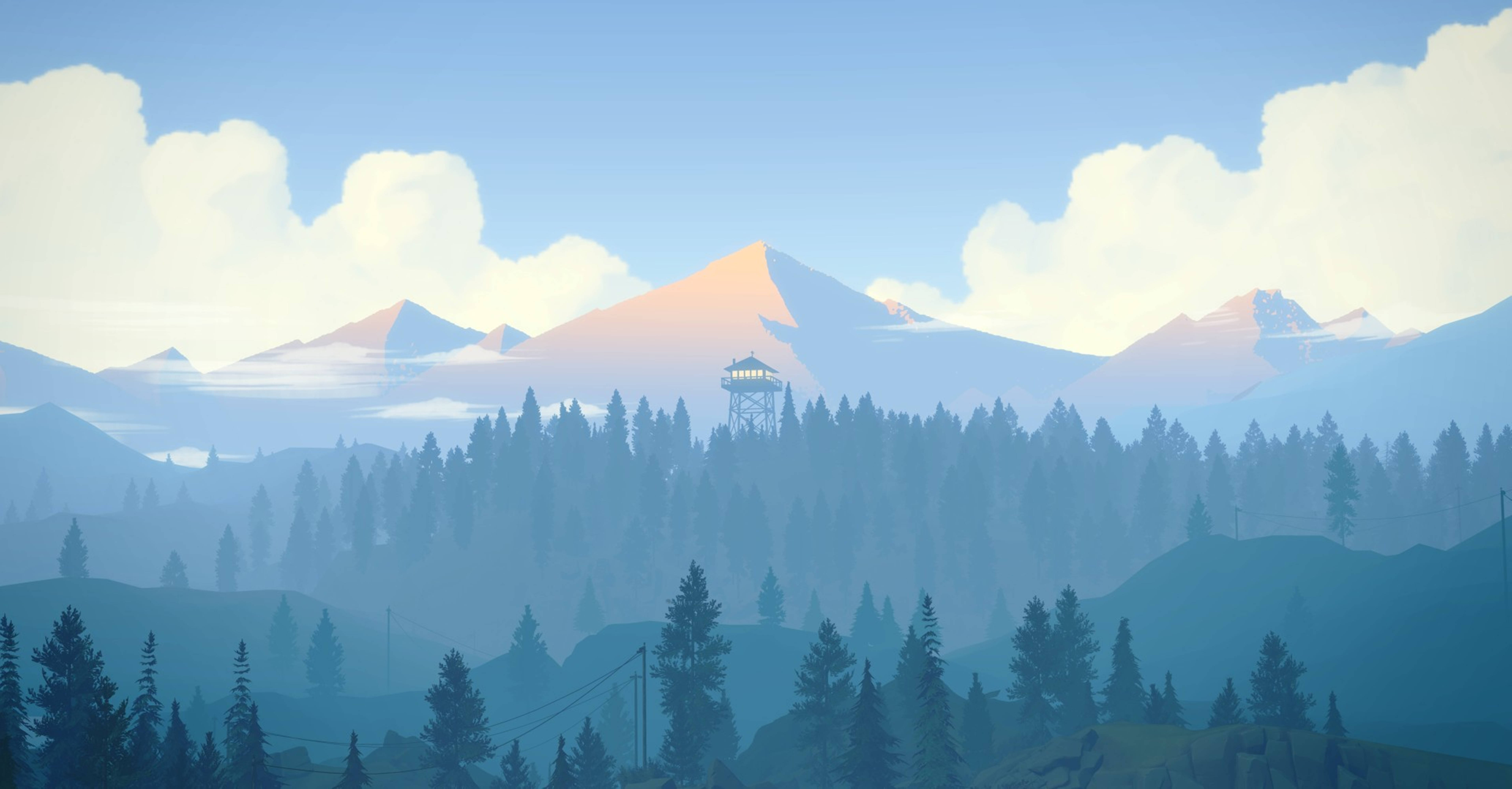 Mountain 桌布 壁紙 — 寧靜的山景，一座瞭望塔坐落在松樹林中，上方是柔和的藍天和蓬鬆的白雲。